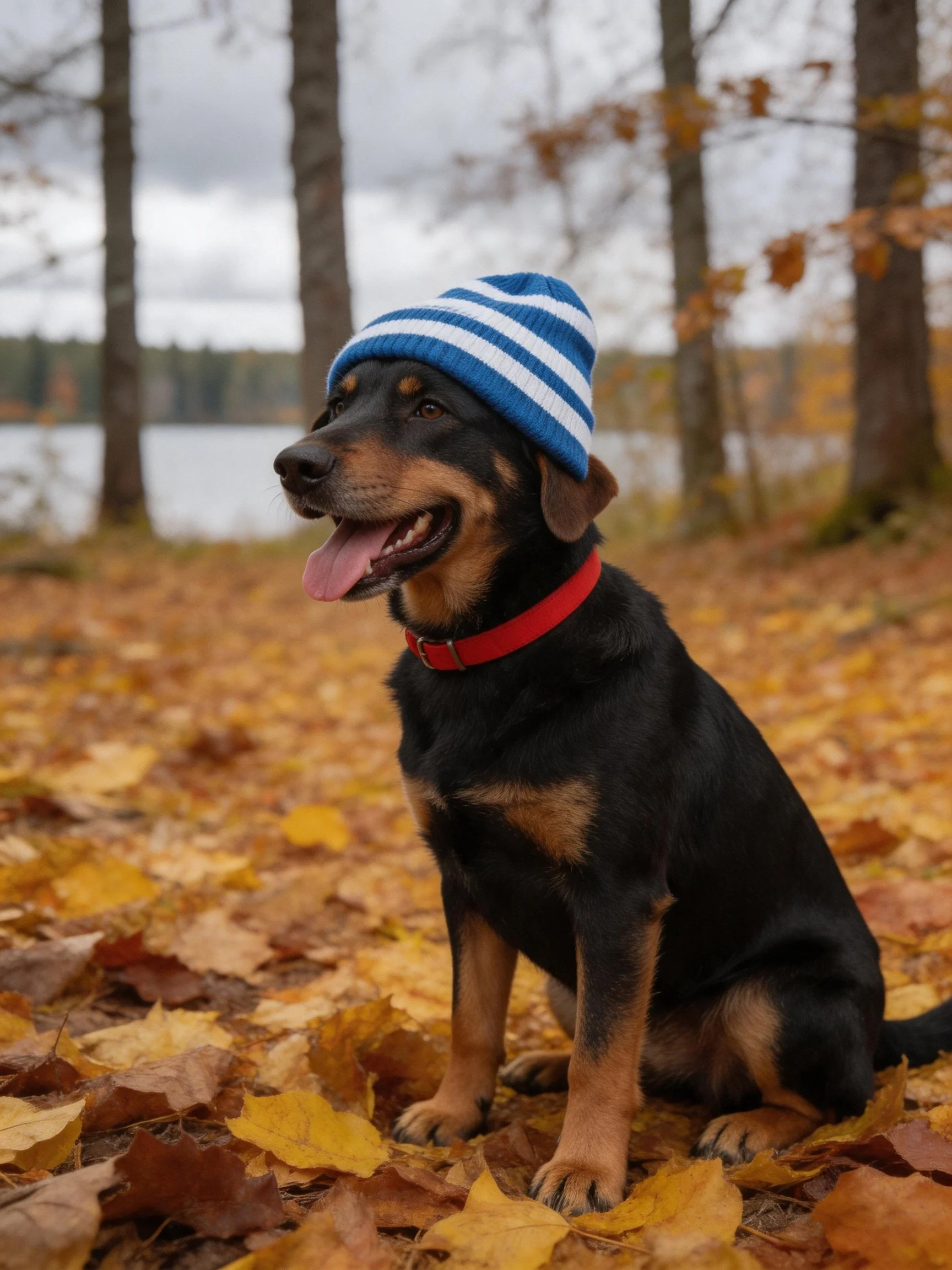A black and tan dog in a blue striped knit hat sits among autumn leaves by a forest lake.
