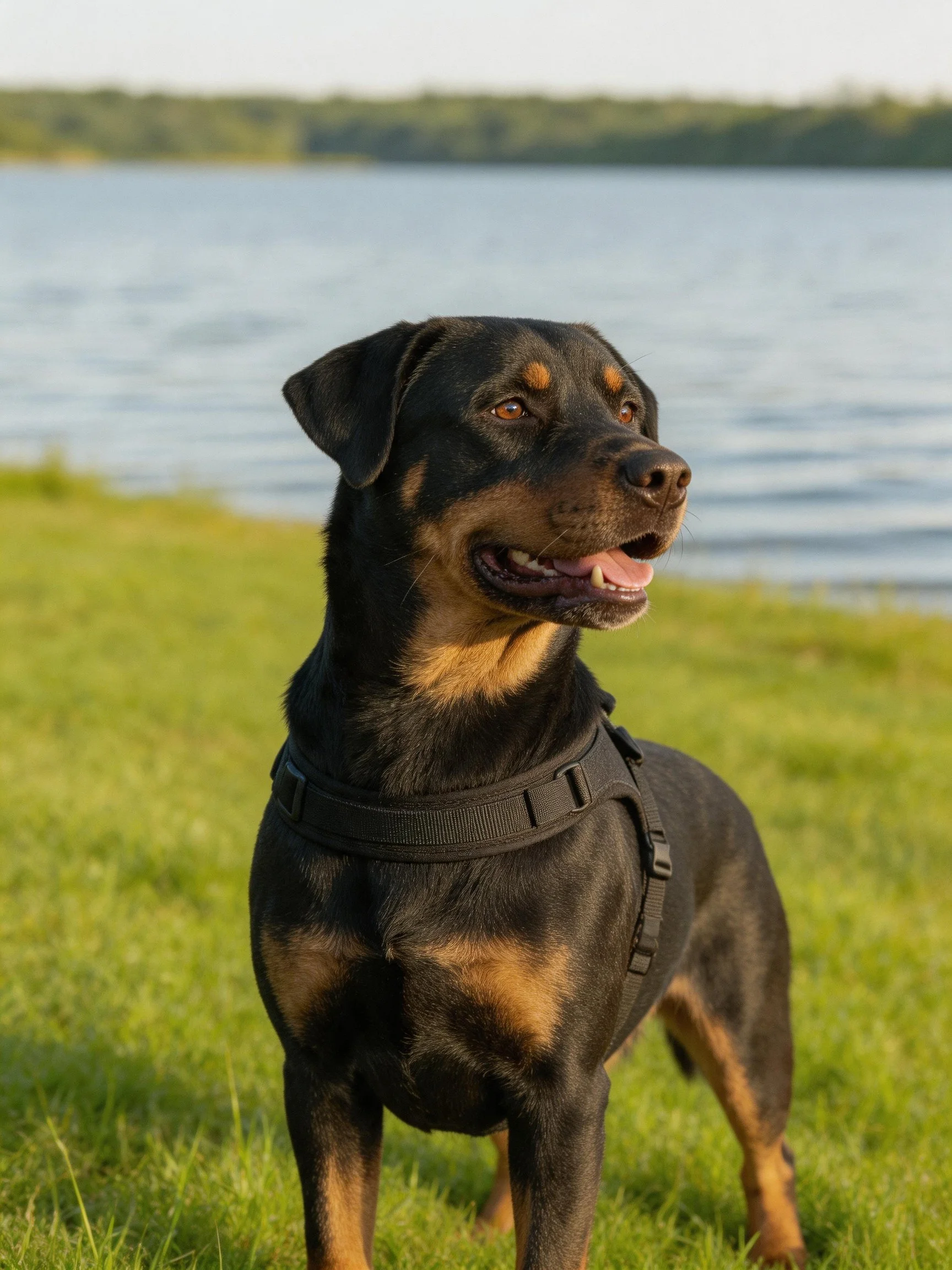 A black and tan dog in a harness stands on grass by a calm lake