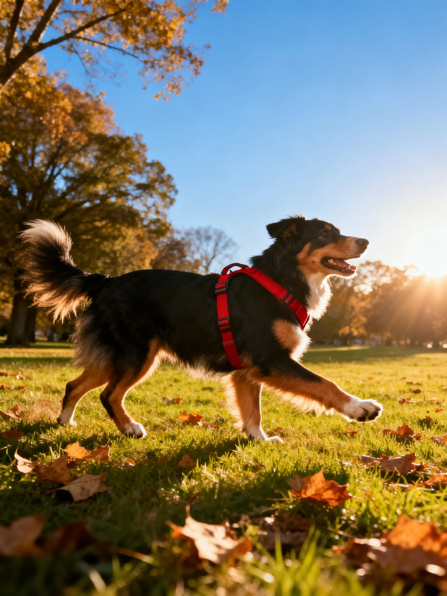 A black and tan dog in a red harness runs through a sunlit park with fallen leaves