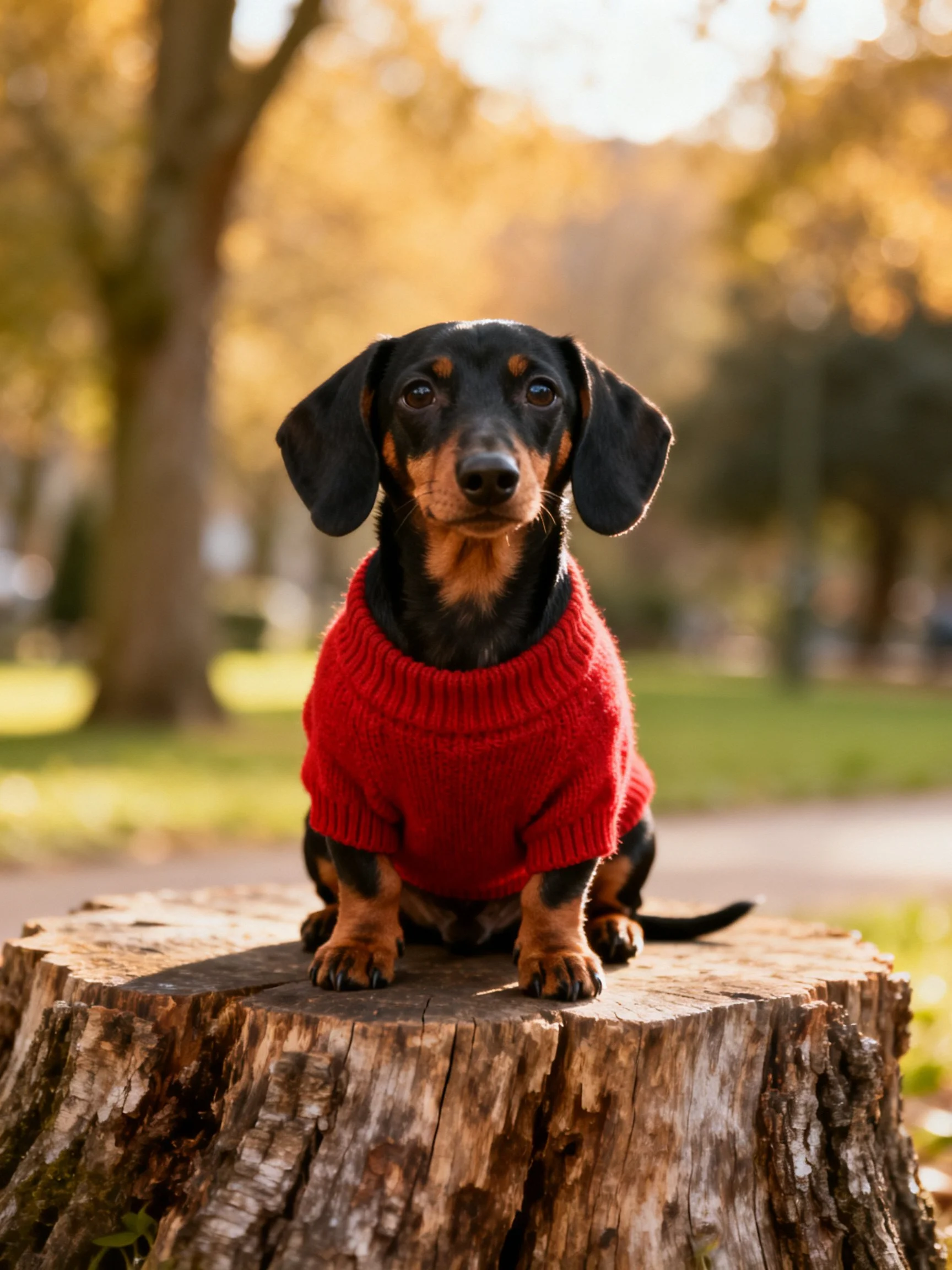 A dog in a red sweater sits on a tree stump in nature.