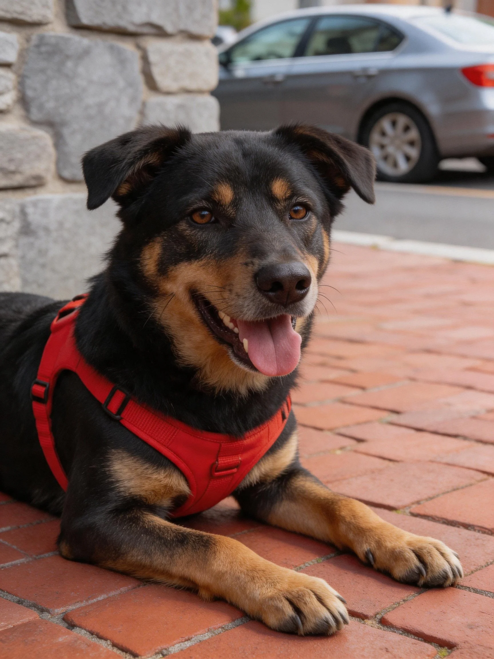 A black and tan dog in red harness rests on brick pavement