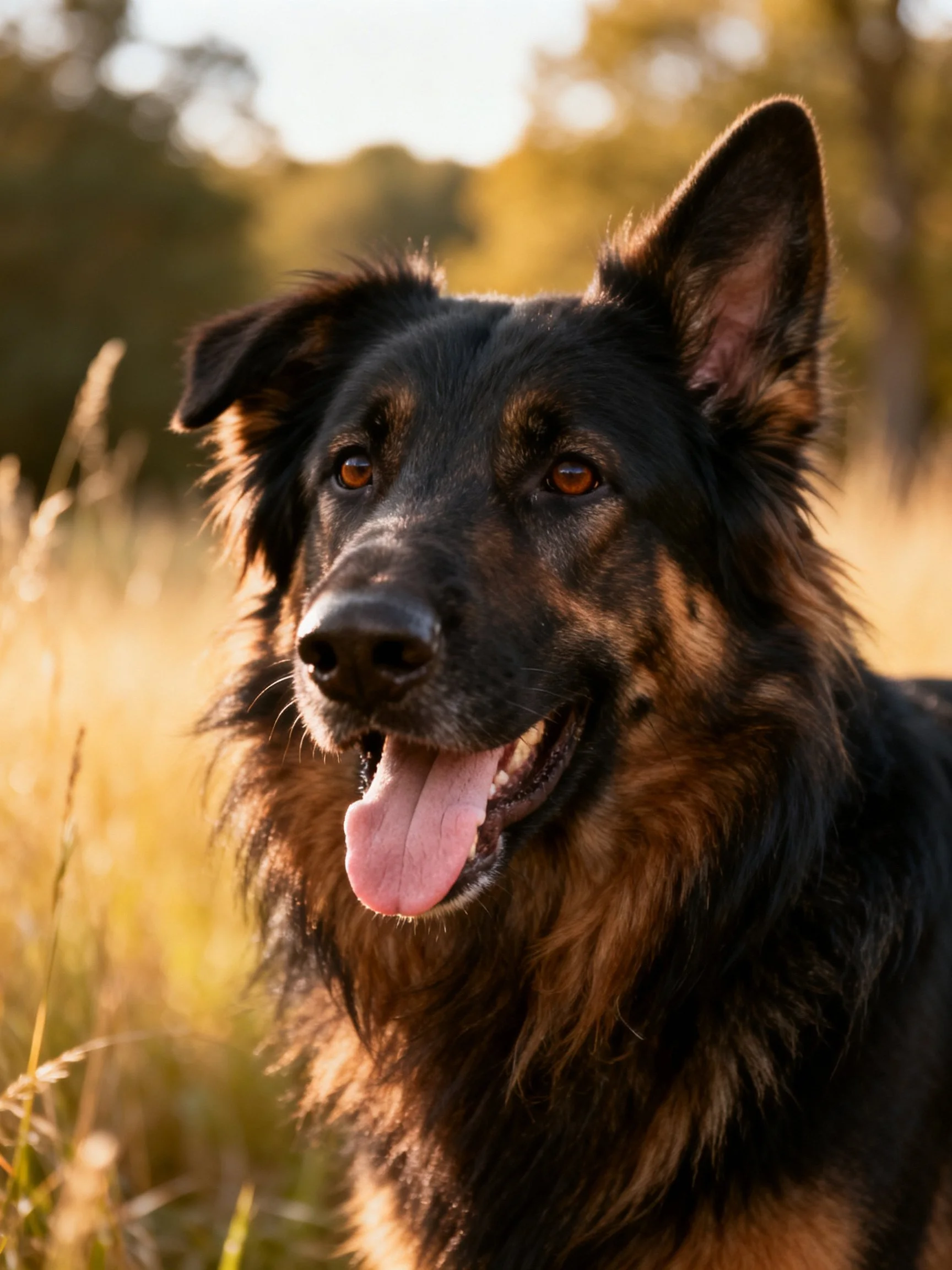 A black and tan dog relaxes in a sunlit grassy area.