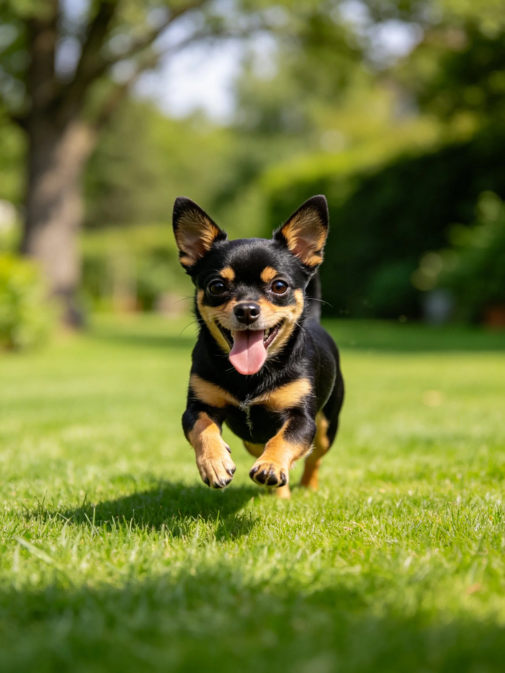 A small black and tan dog runs happily on a sunlit lawn.