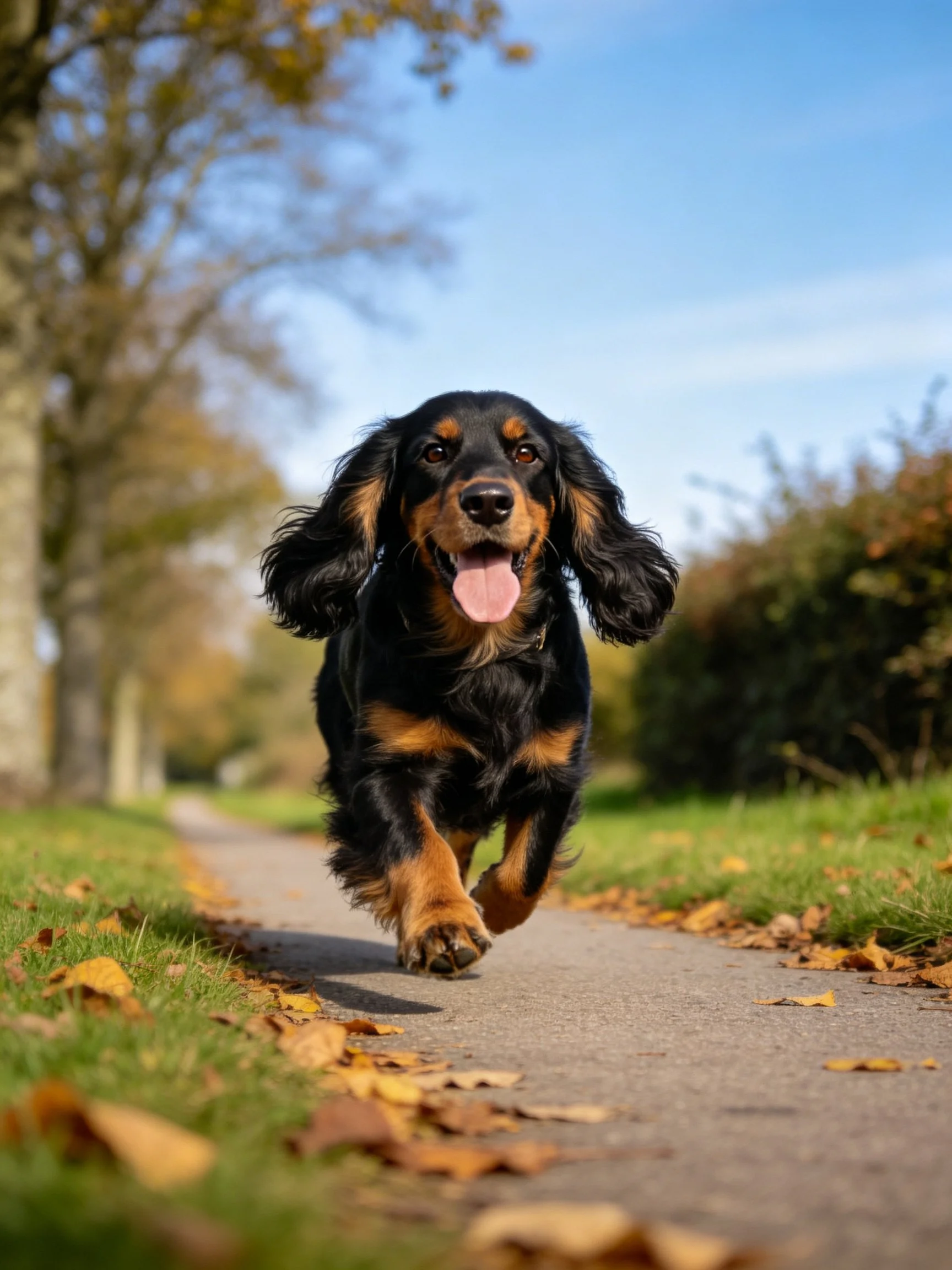 A black and tan dog joyfully runs down a leaf-strewn path