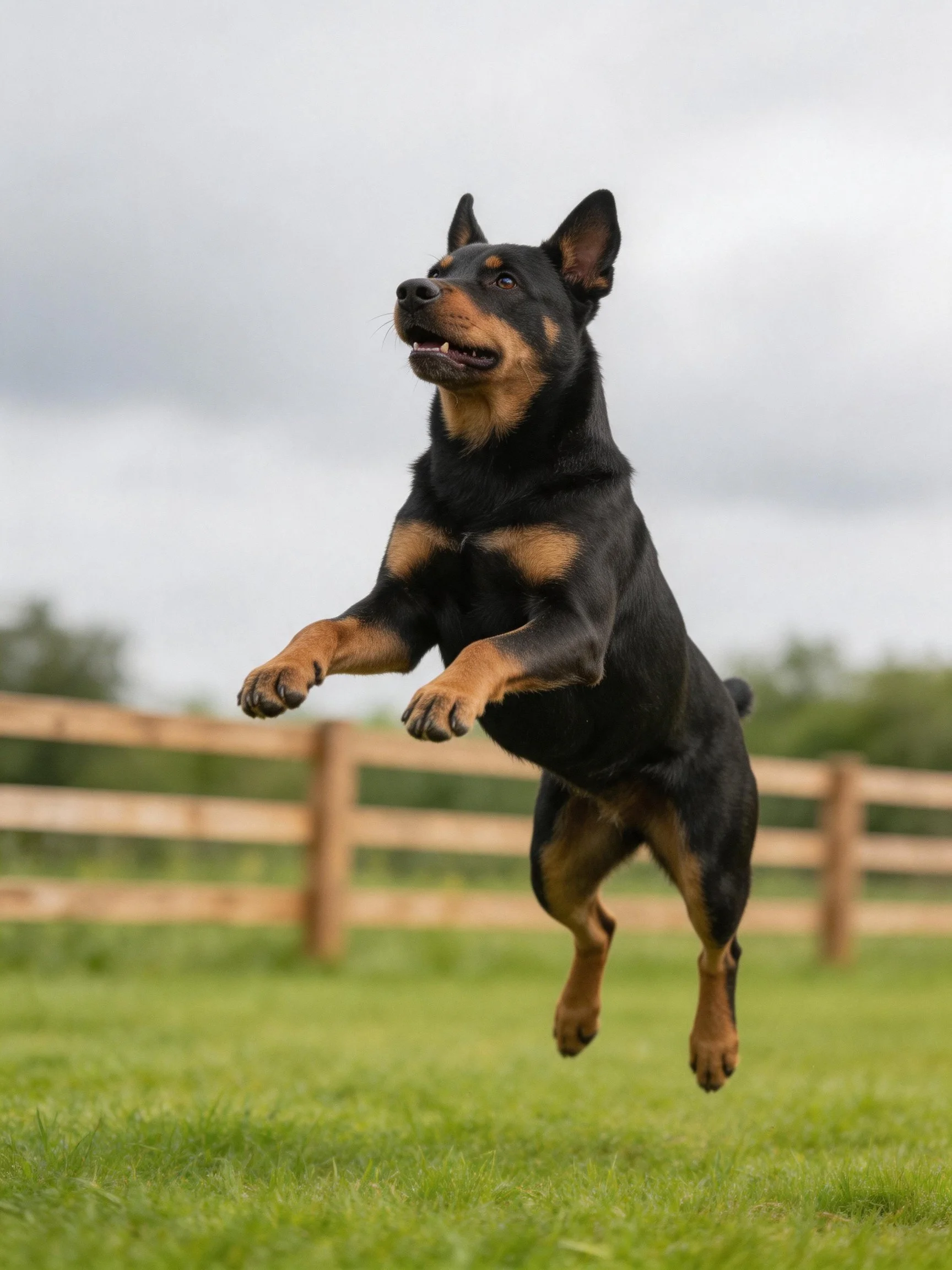 A black and tan dog leaps energetically in an outdoor grassy setting.
