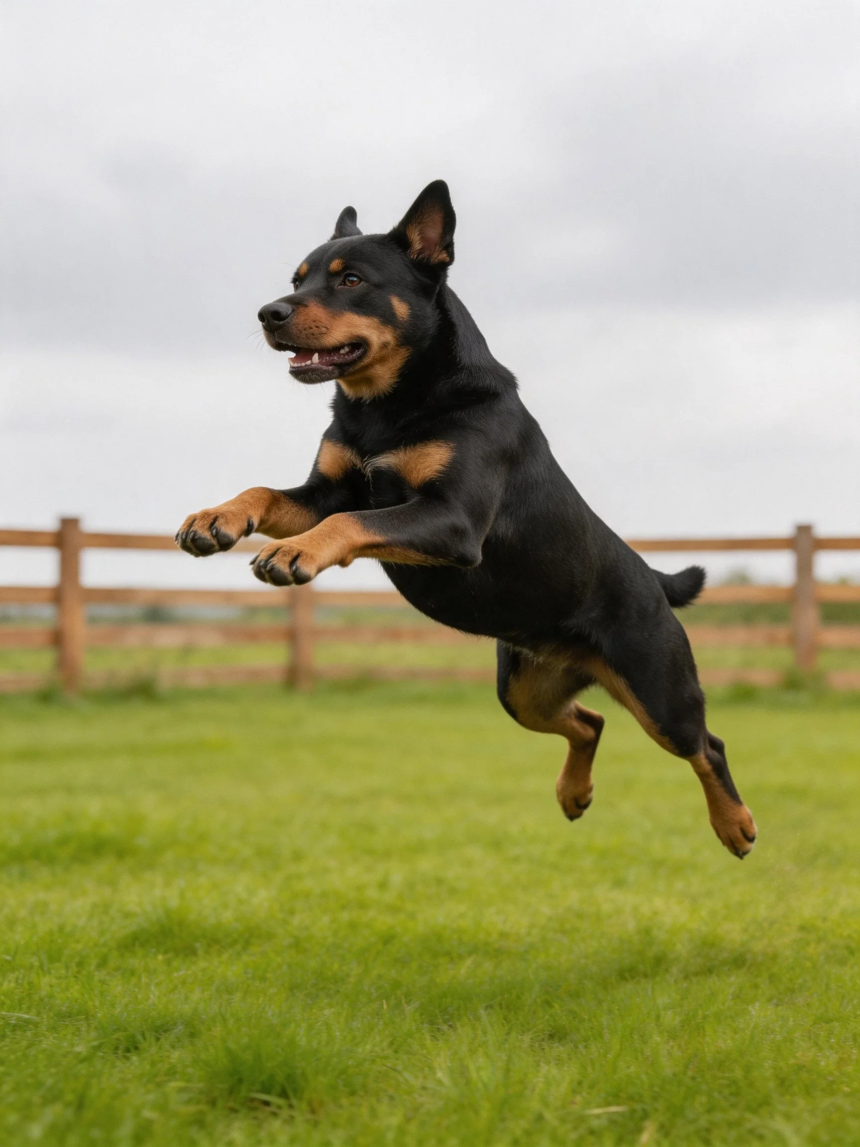 A black and tan dog jumps energetically in an open grassy area.
