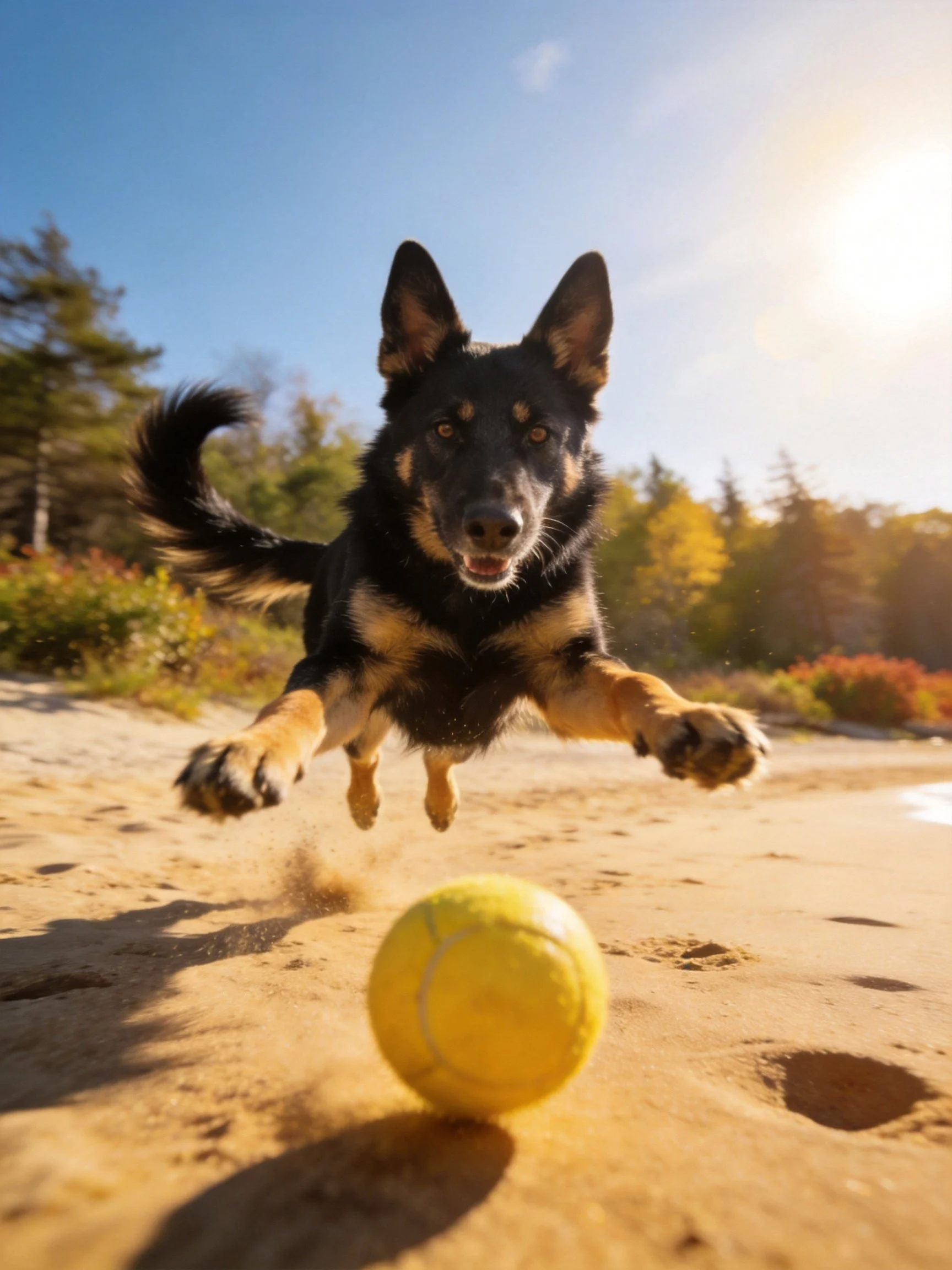 A black and tan dog jumps toward a yellow tennis ball on sandy ground.