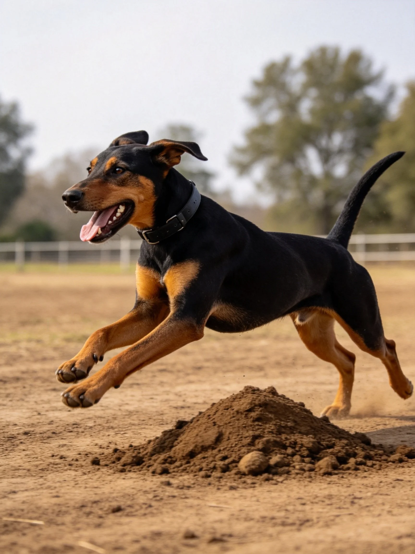 A black and tan dog jumps over a dirt mound in an outdoor setting.