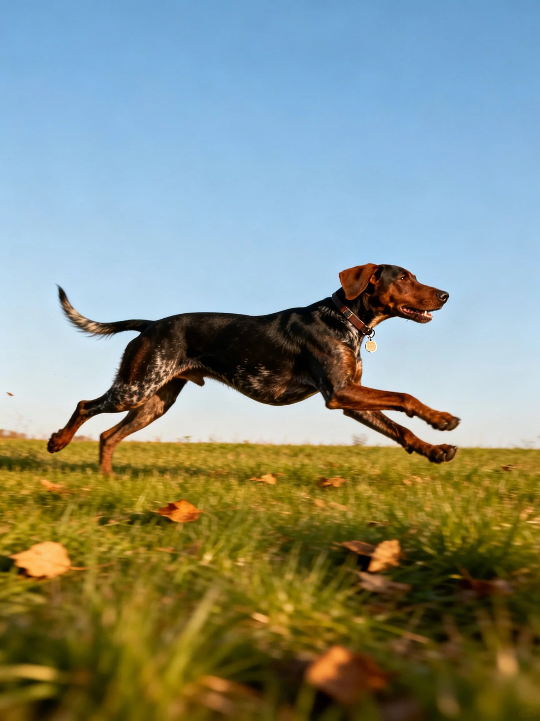 A black and tan dog runs energetically across a grassy field beneath a clear blue sky.