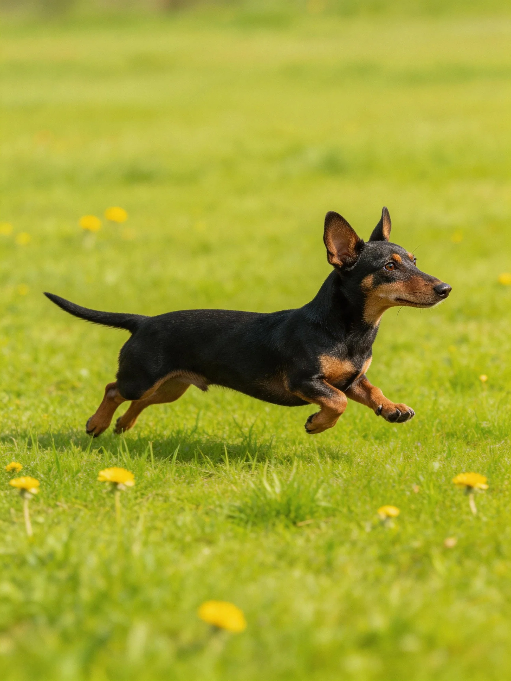 A small black and tan dog runs energetically across a sun-drenched field with yellow flowers