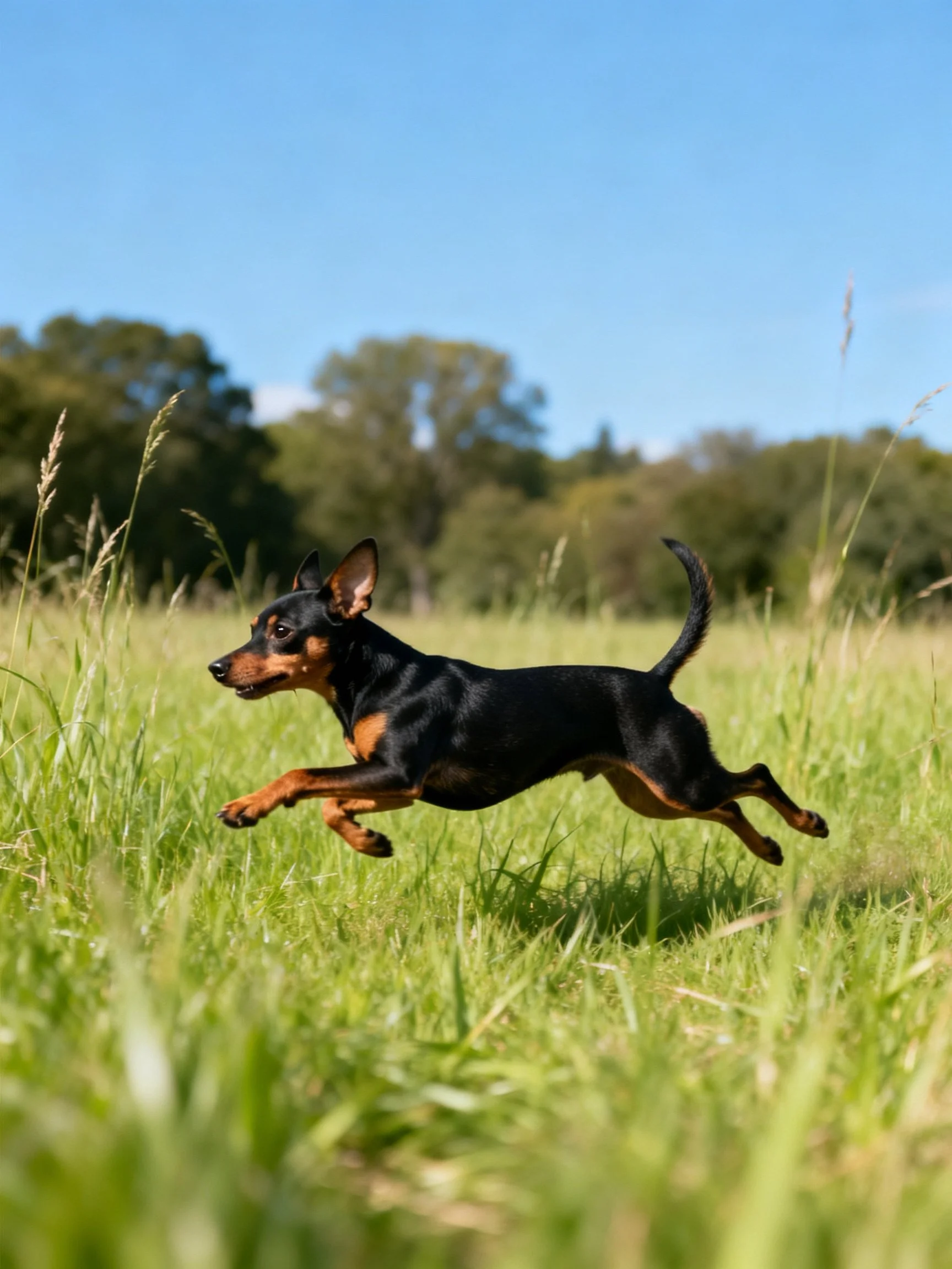 A black and tan dog bounds through a sunlit meadow.