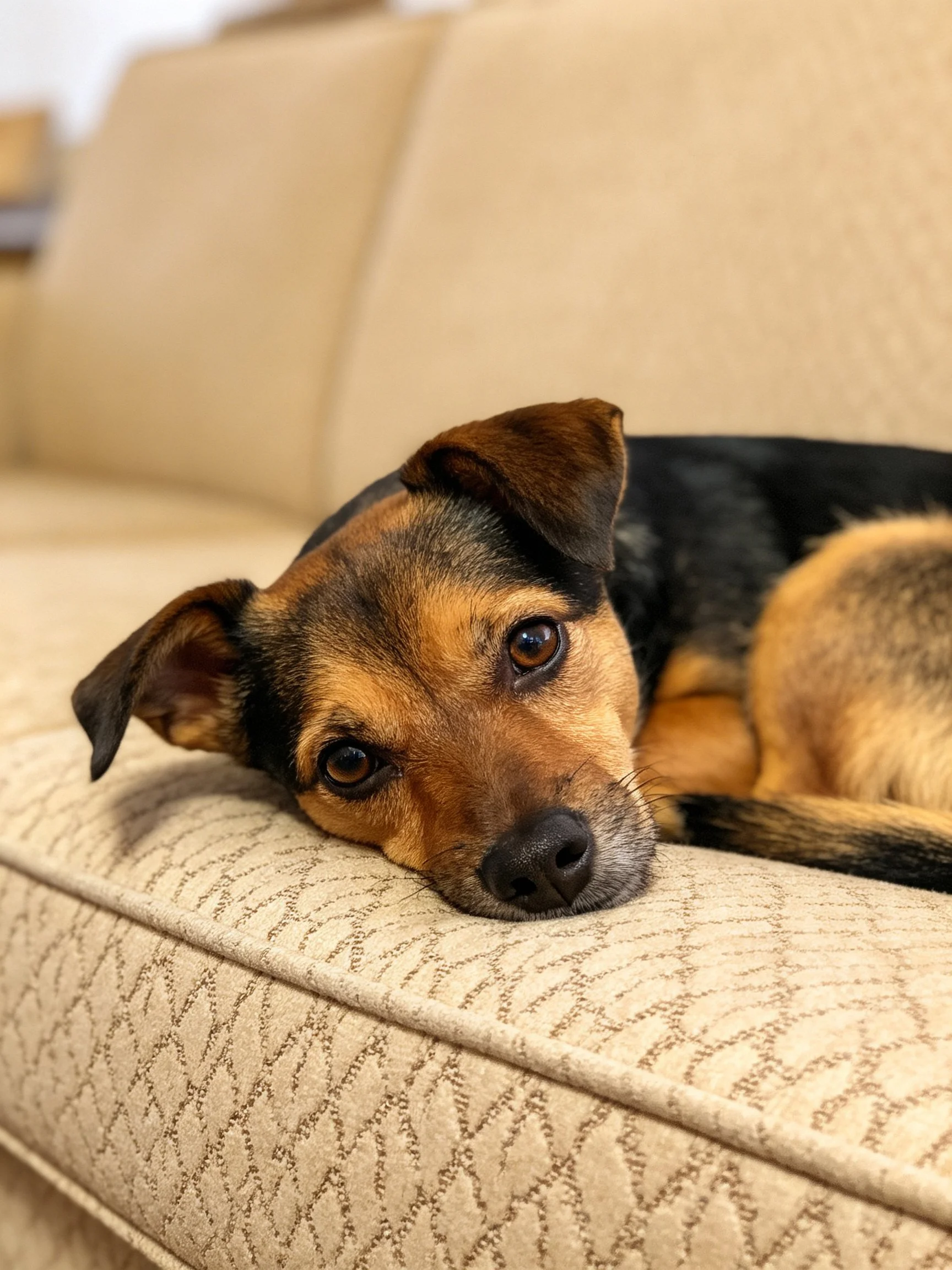 A black and tan dog rests on a beige sofa.