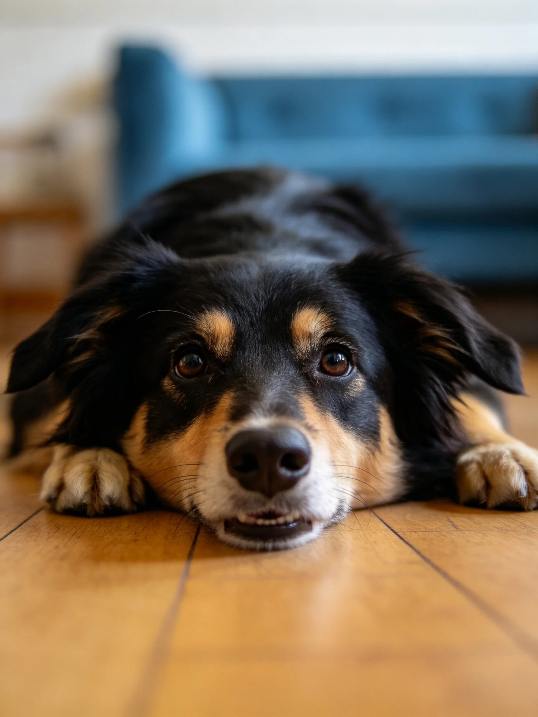 A black and tan dog lies on a wooden floor, gazing toward the viewer.