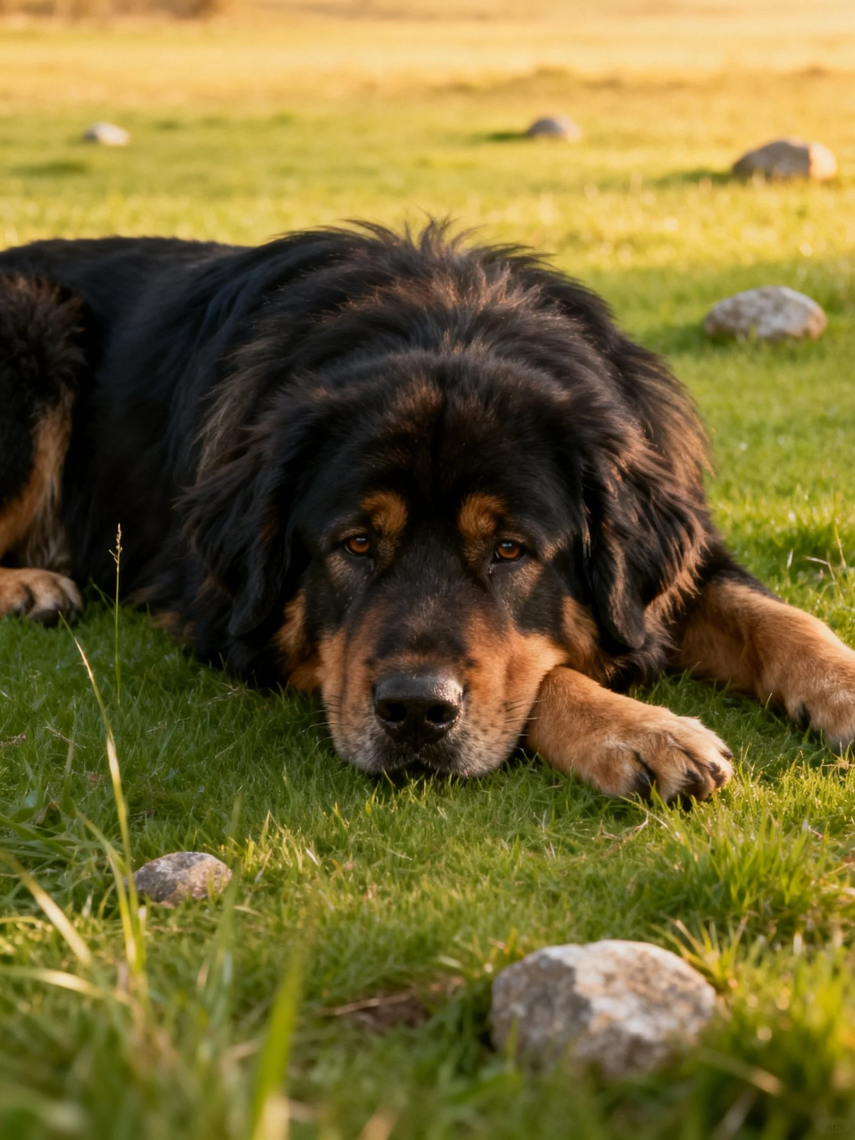 A black and tan dog rests on green grass with scattered rocks nearby