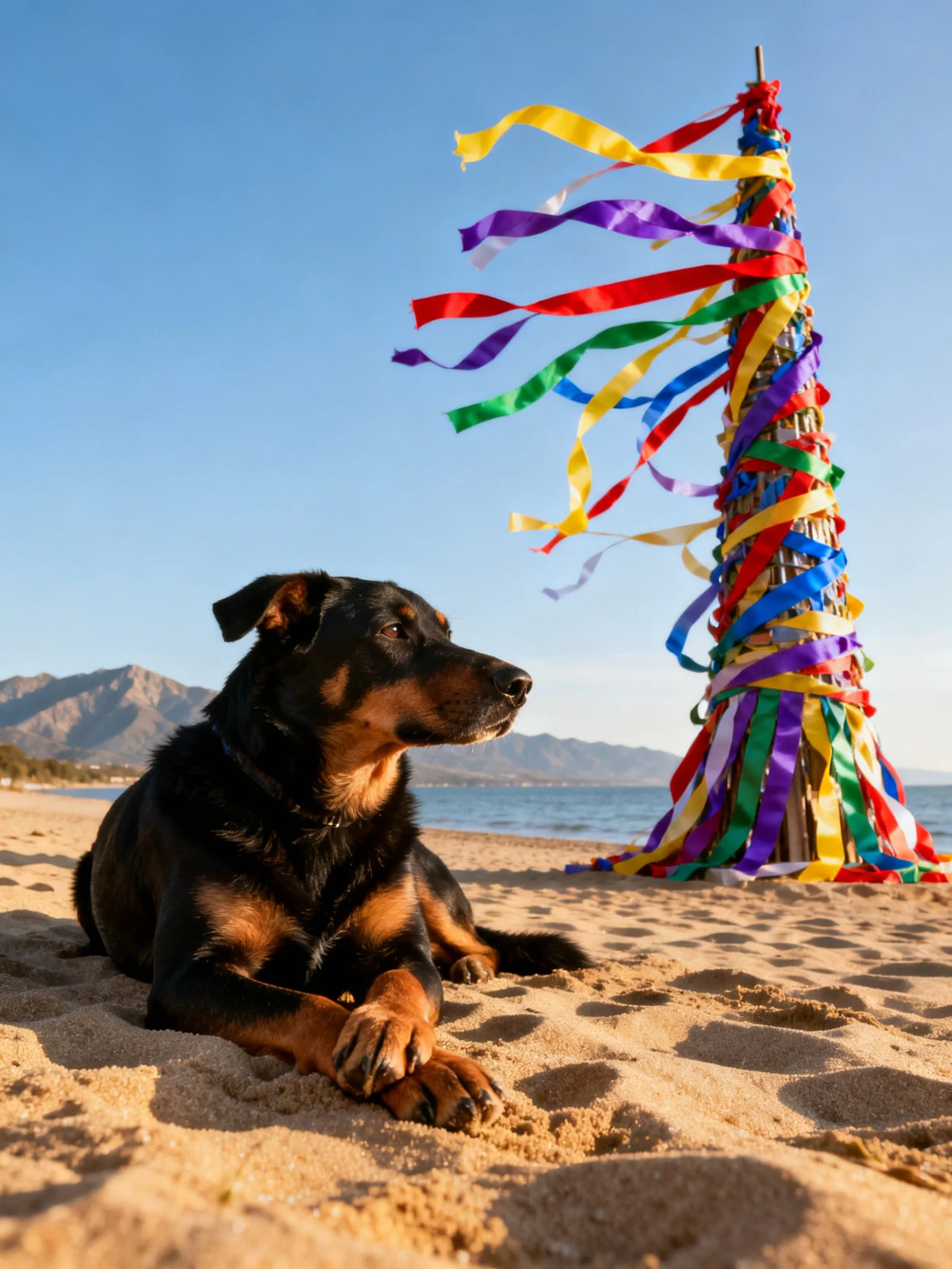A dog relaxes on a sandy beach beside a tall, colorful ribbon structure with a coastal backdrop.