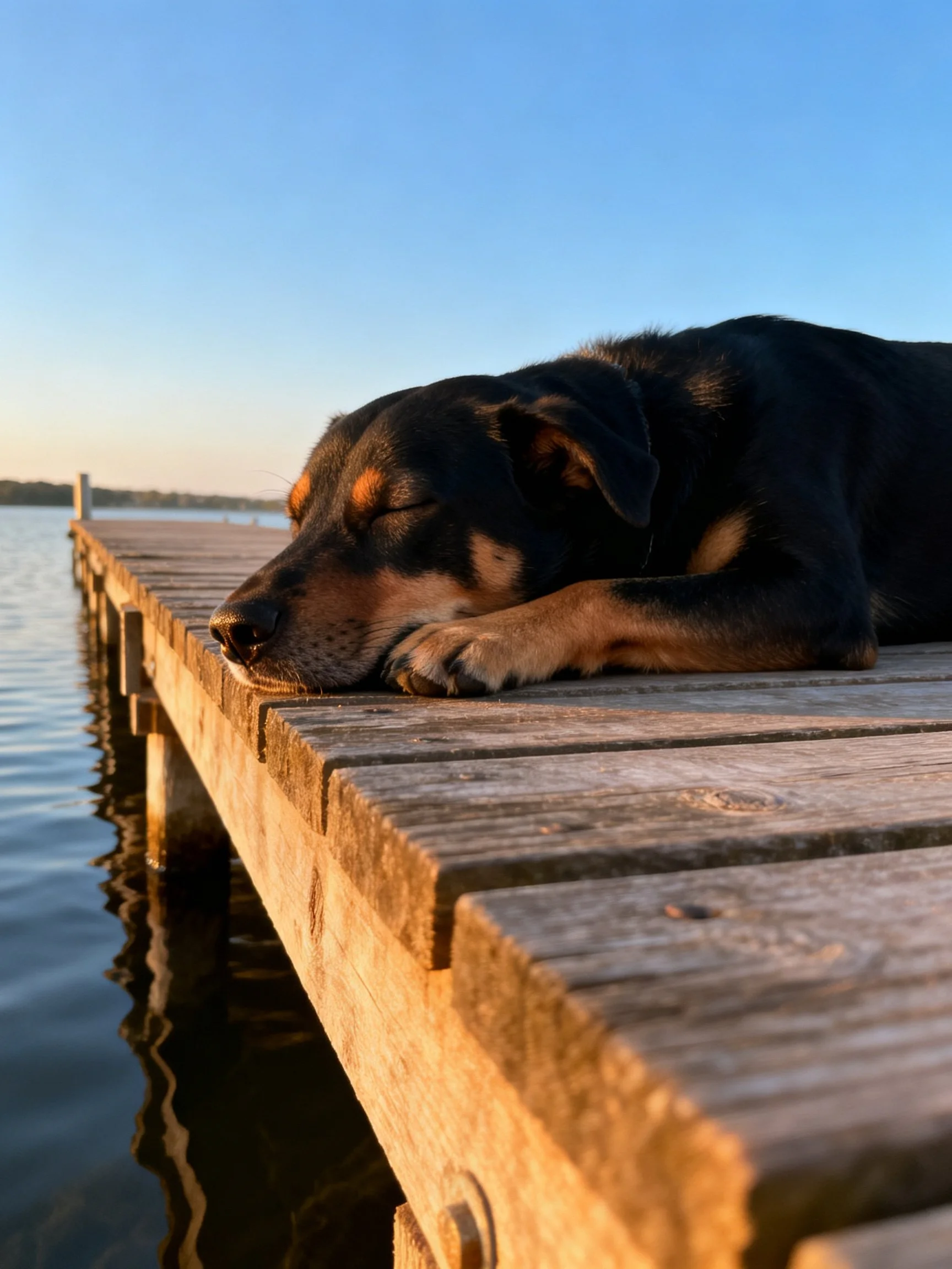 A black and tan dog naps on a wooden dock by calm water