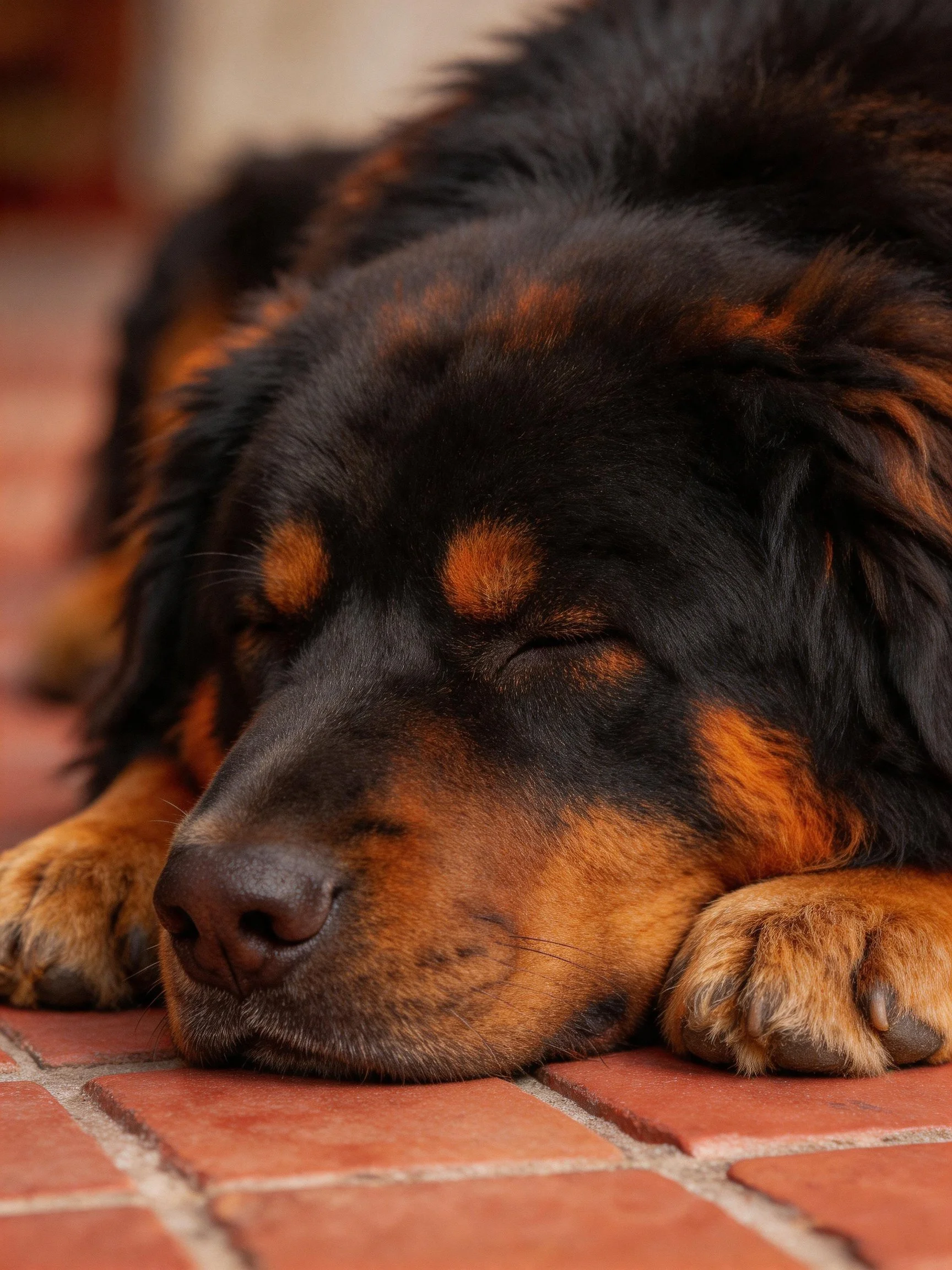 A black and tan dog naps on reddish-brown brick pavement