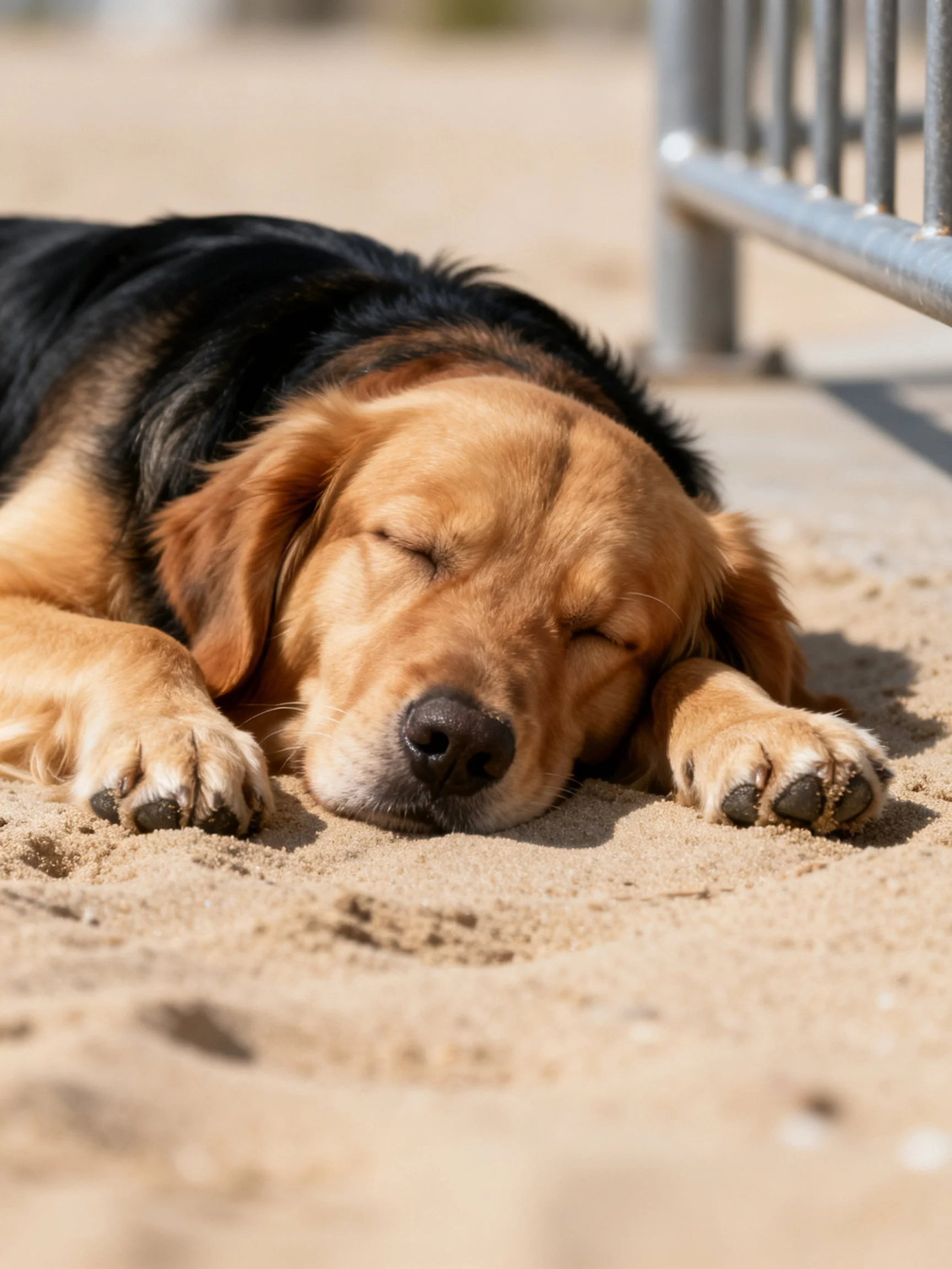 A black and tan dog naps on sandy ground next to metal railings