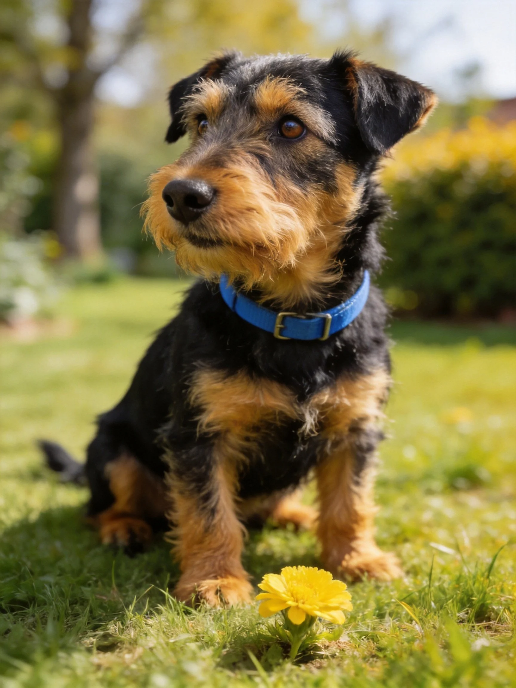 A small black and tan dog sits beside a yellow flower in a sunlit garden.