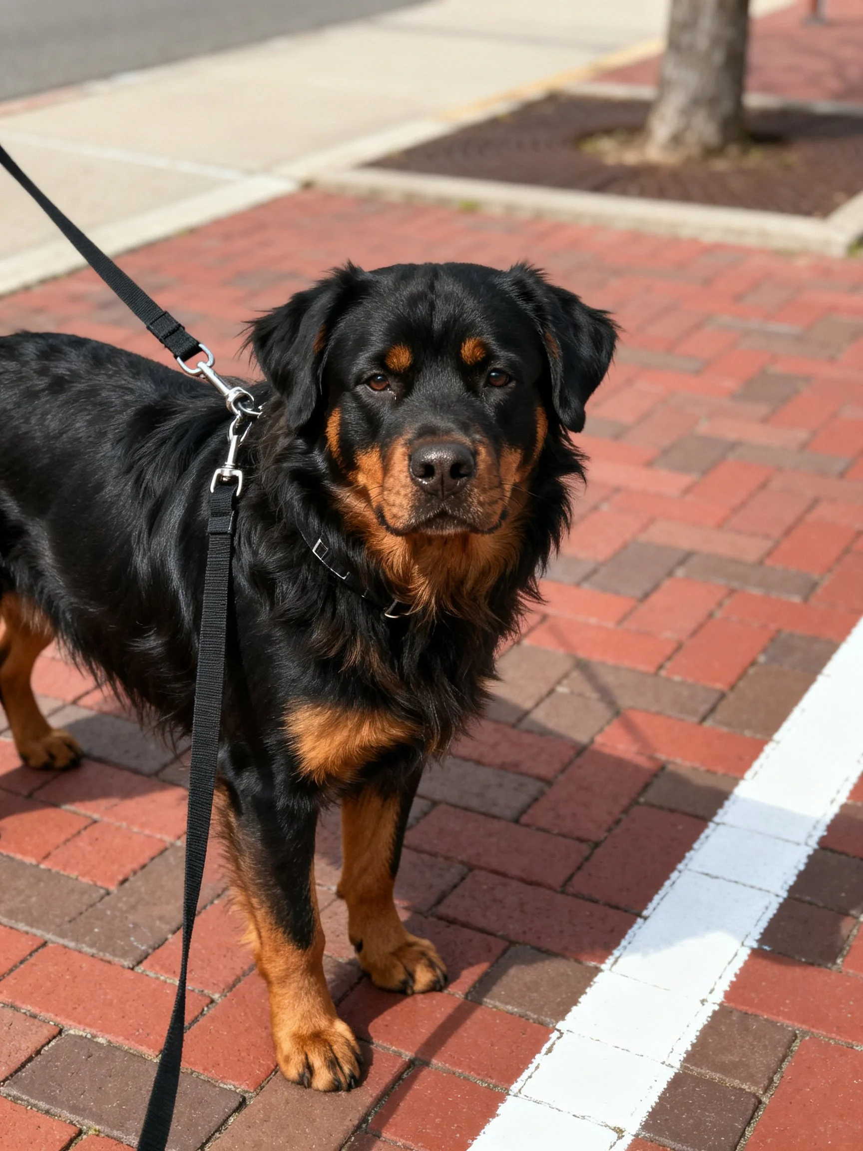 A black and tan dog on a leash stands on red brick pavement