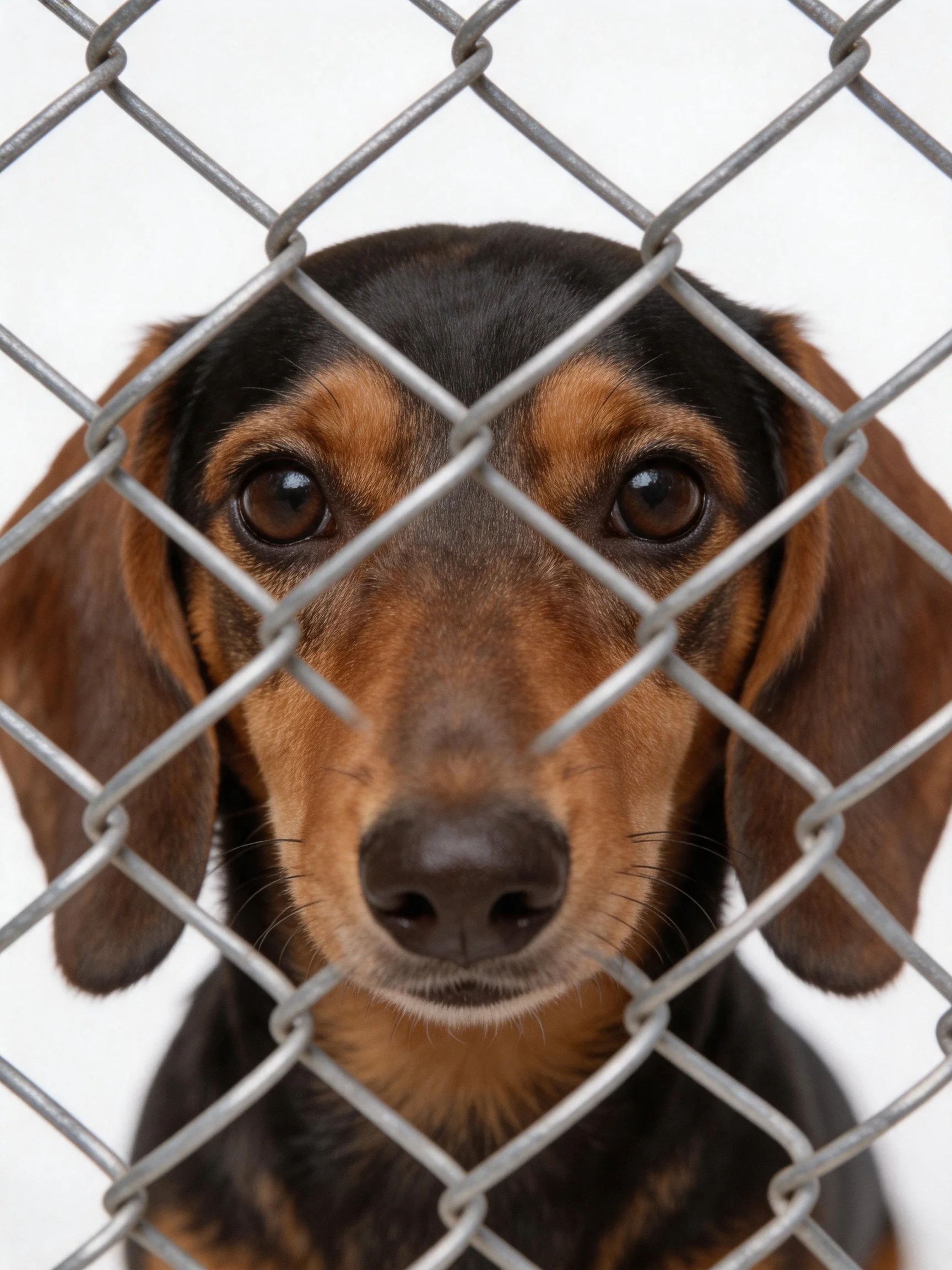 A black and tan dog peering through a silver chain-link fence
