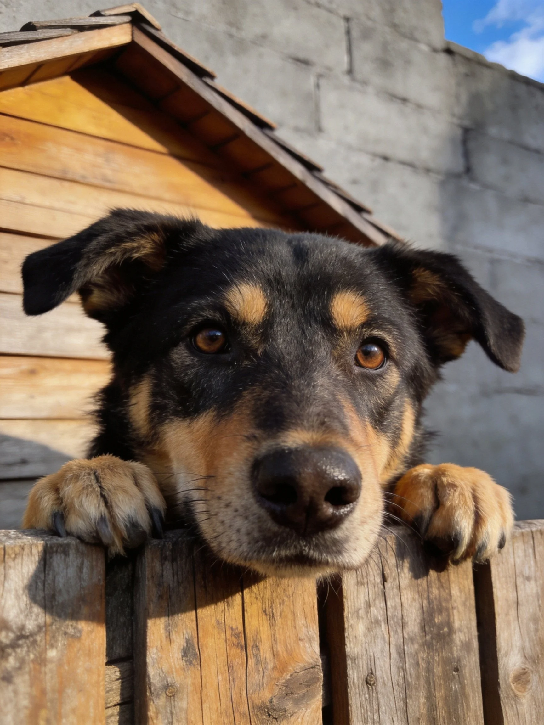 A black and tan dog peers over a weathered wooden fence near a wooden shelter