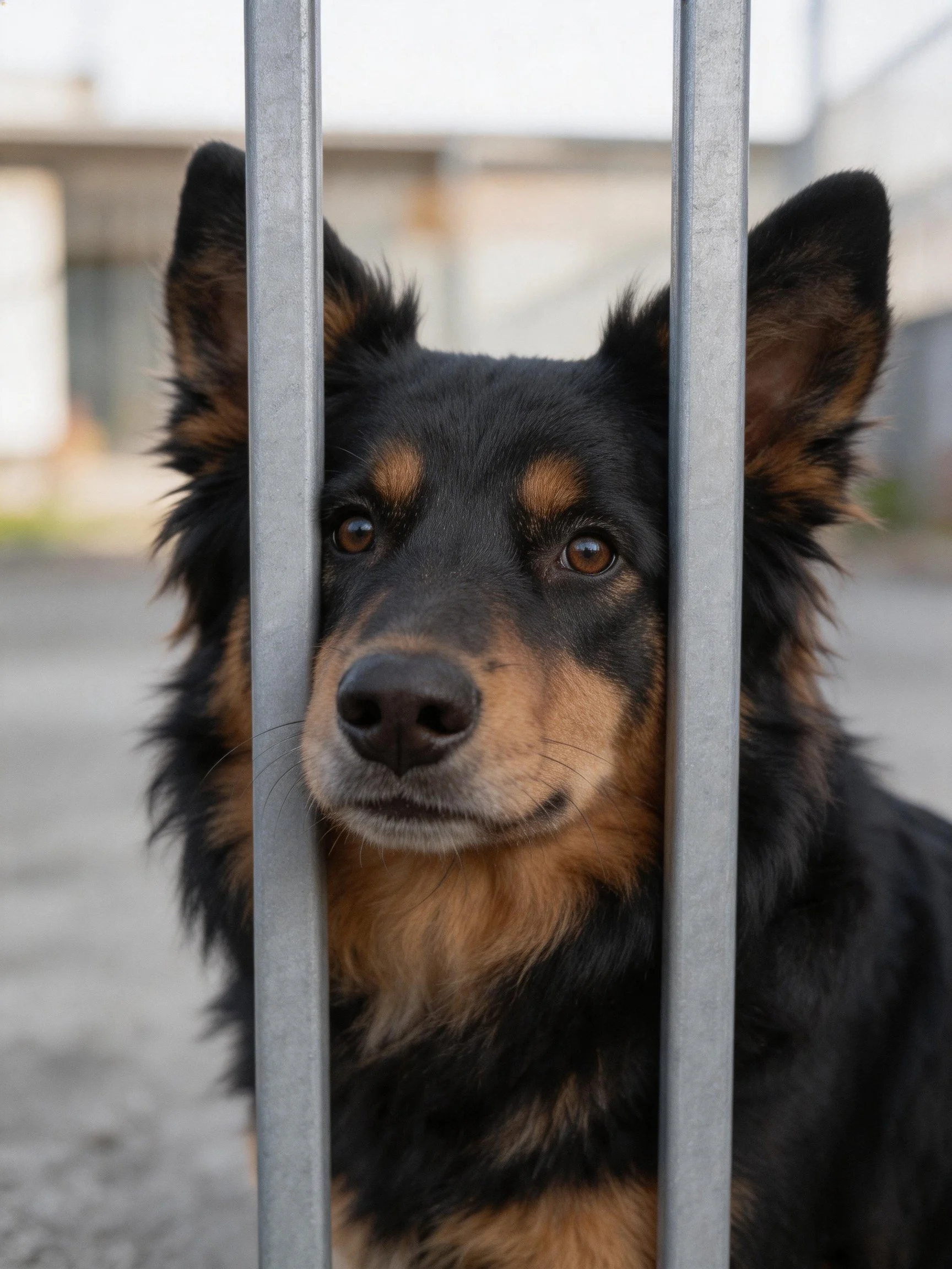 A black and tan dog gazes through vertical metal bars outdoors.