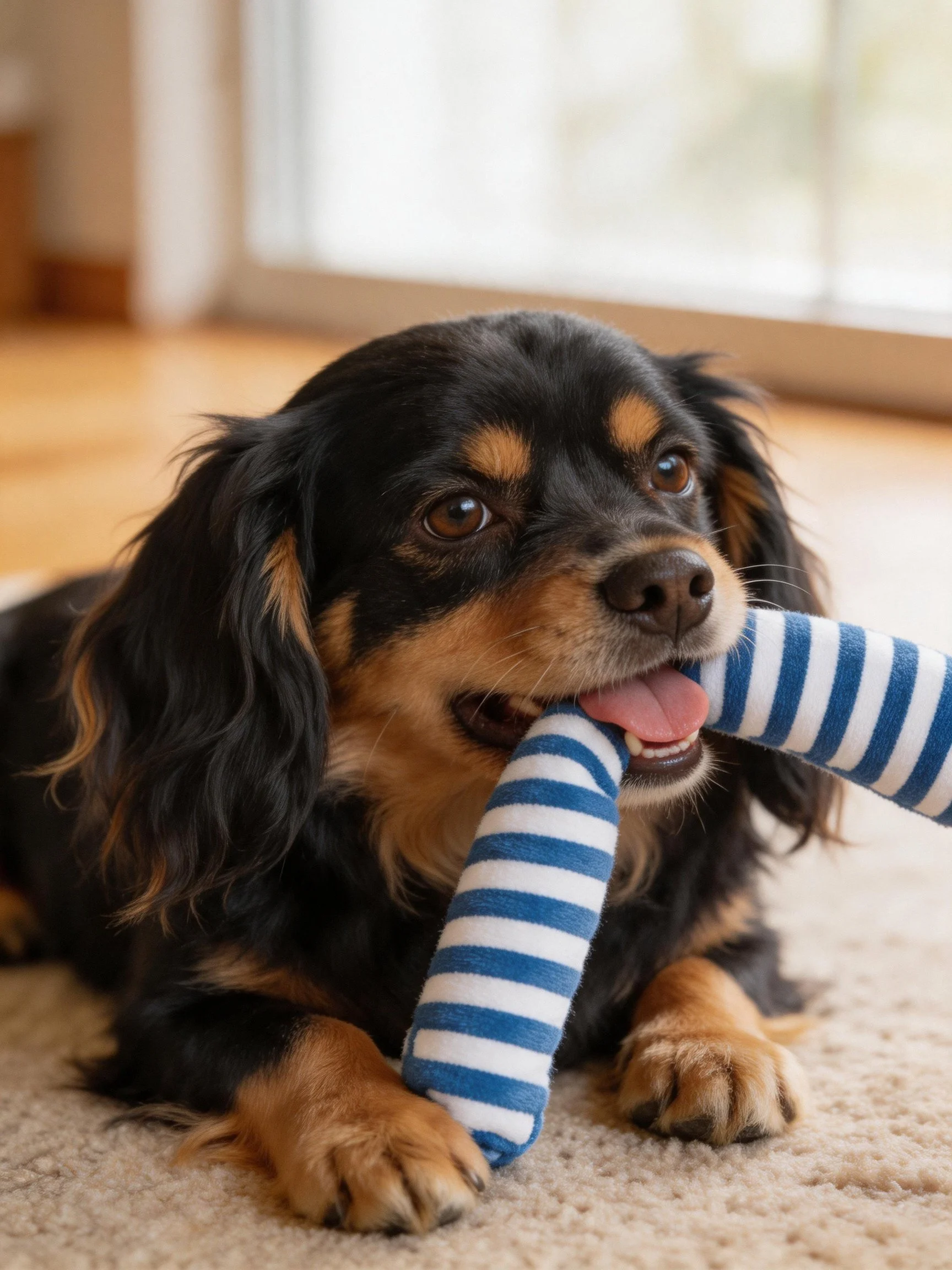 A black and tan dog plays with a blue-striped toy indoors