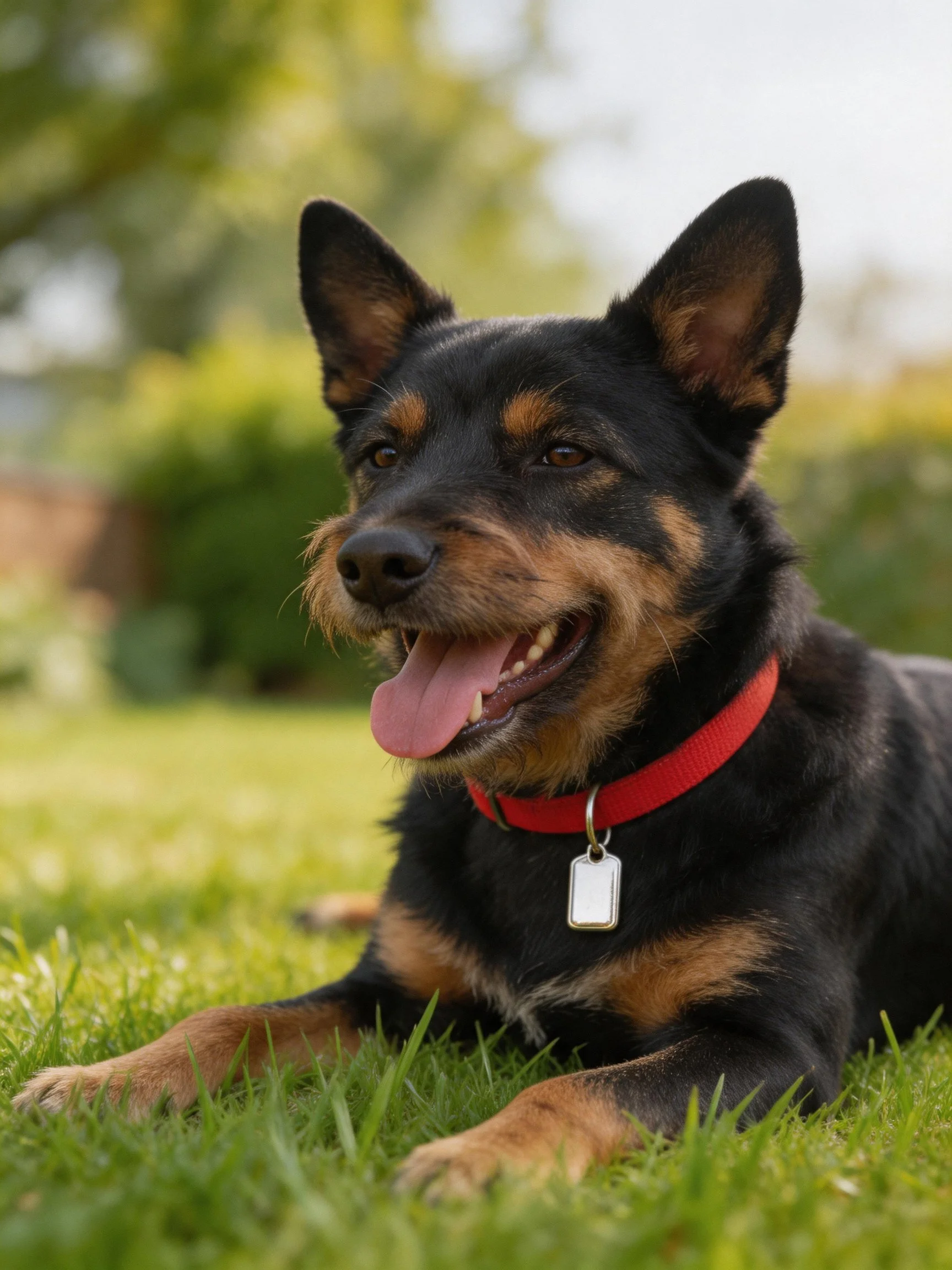 A black and tan dog resting on green grass with a red collar