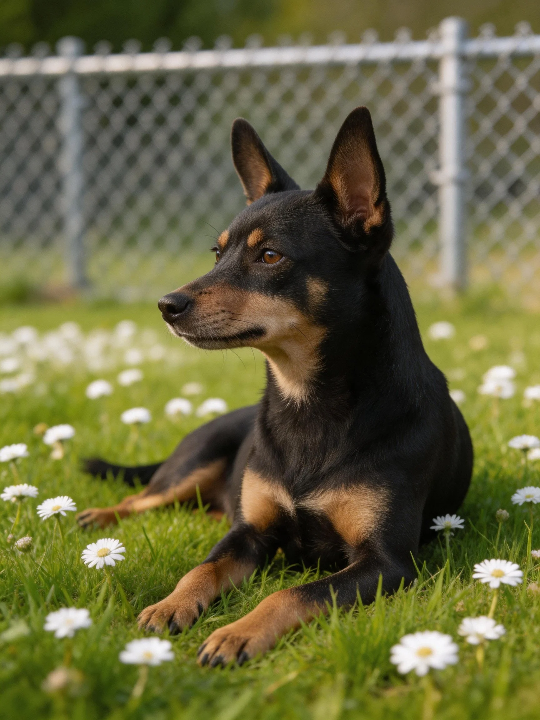 A black and tan dog lies calmly among daisies in a grassy space with a chain-link fence in the background.