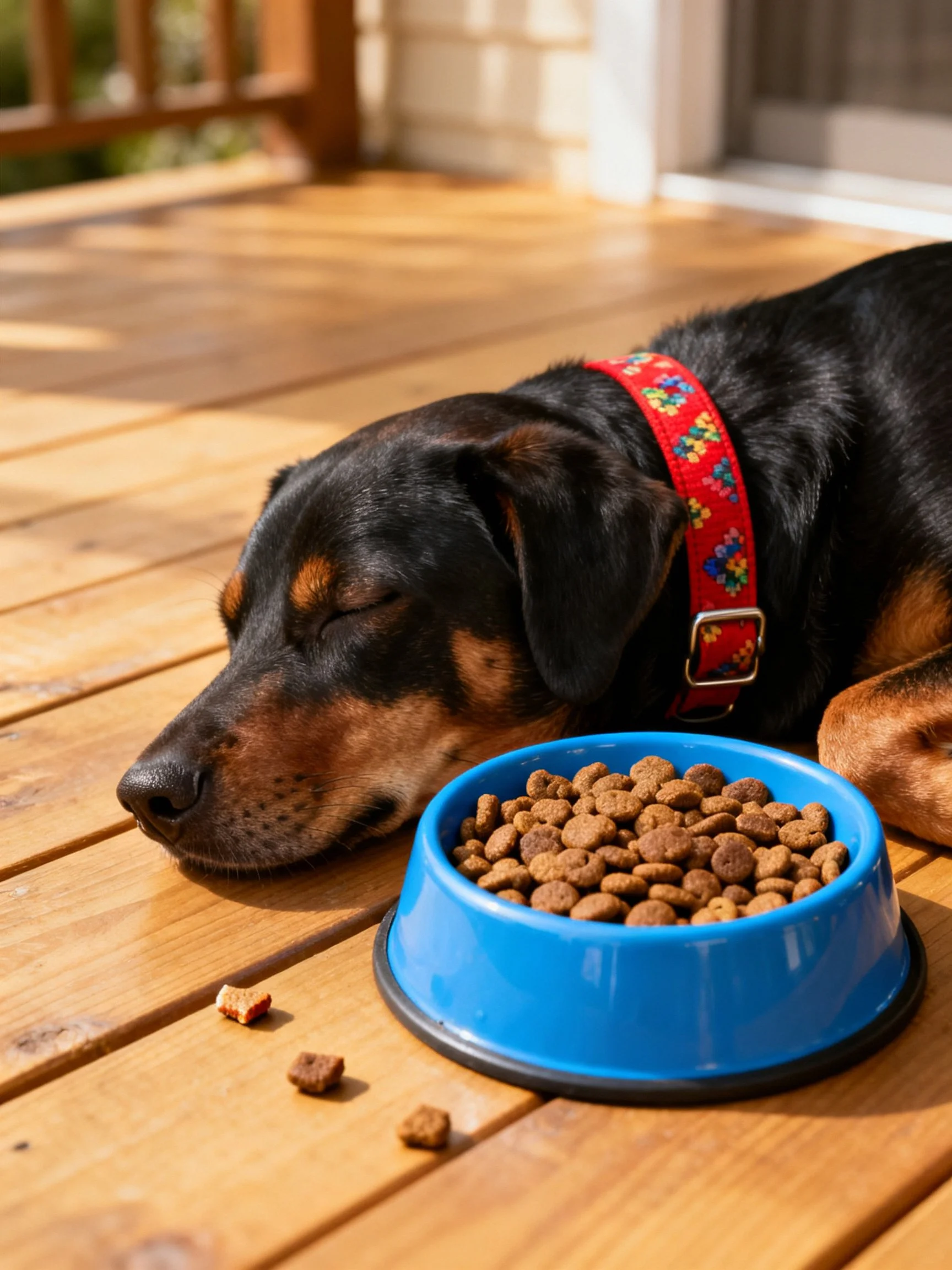 A dog sleeps near a blue pet food bowl on a wooden deck.