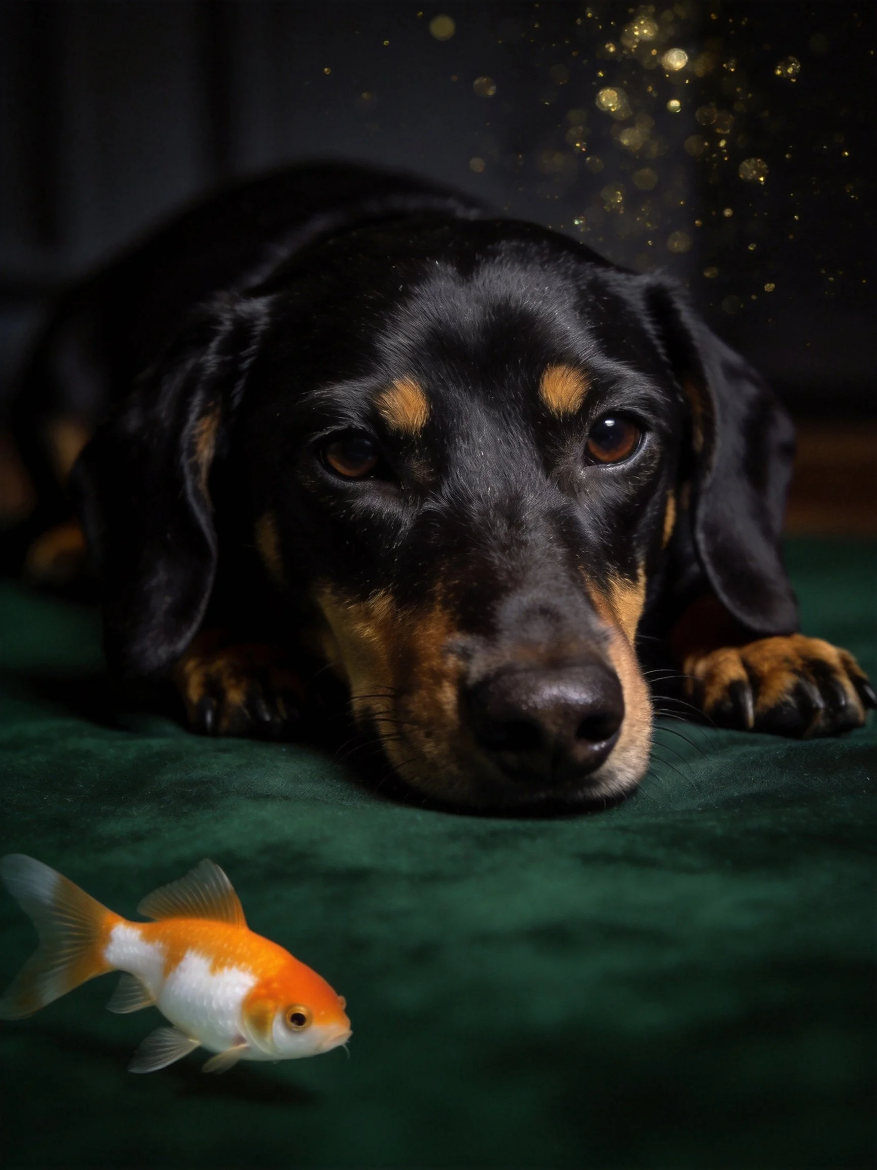 A black and tan dog lies next to a goldfish on a dark green surface.
