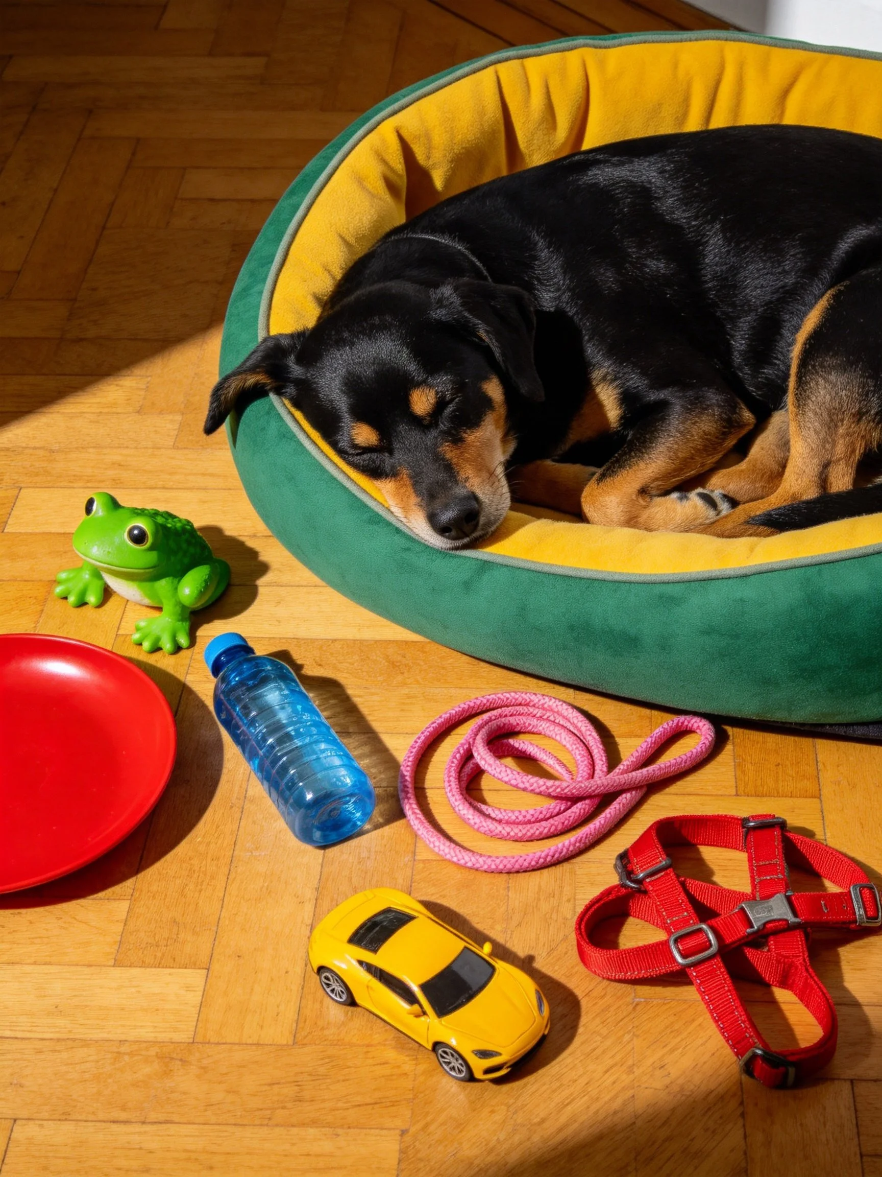 A black and tan dog rests in a green-yellow bed with pet items nearby