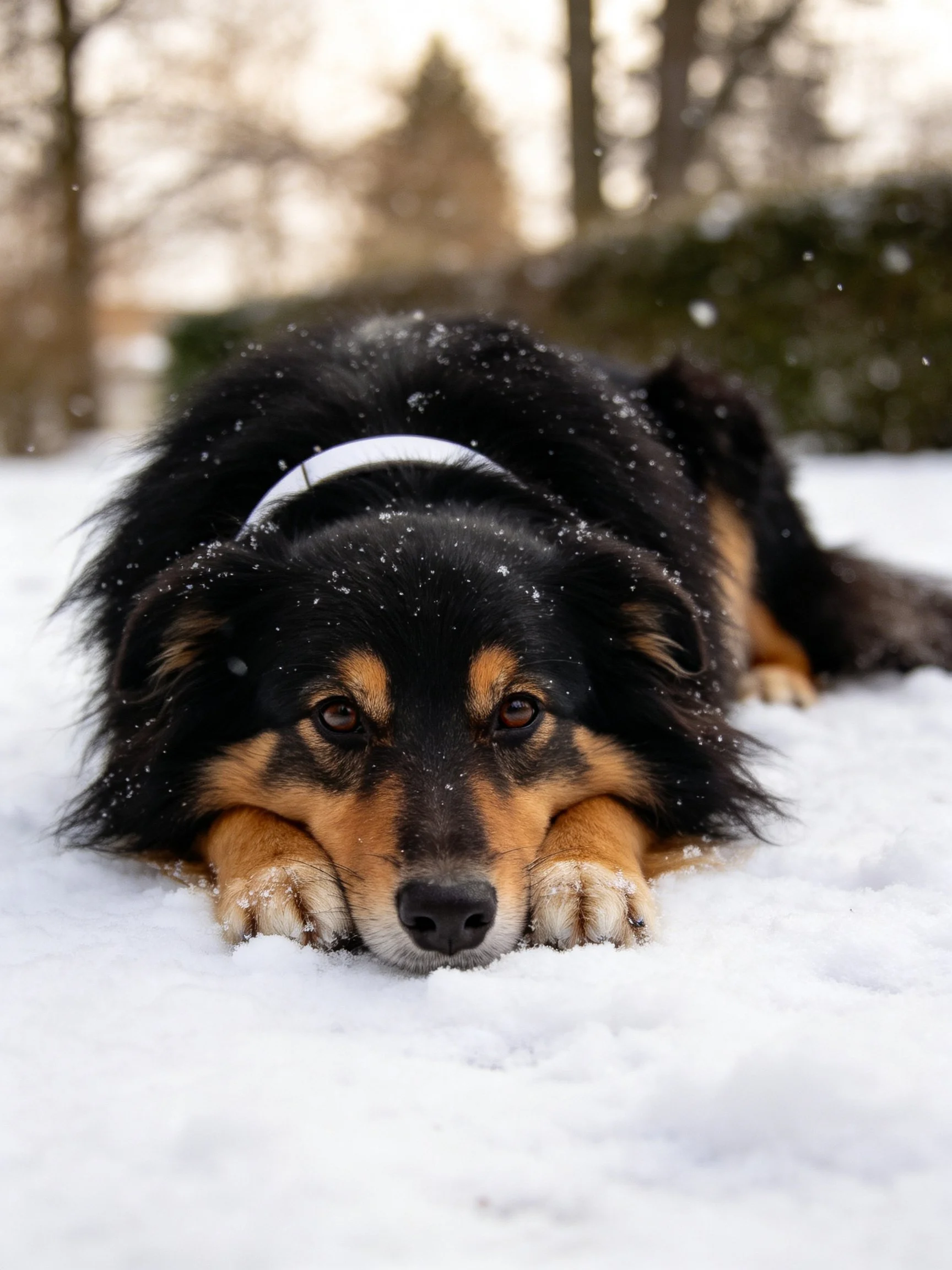 A black and tan dog rests in snowy terrain with falling snowflakes