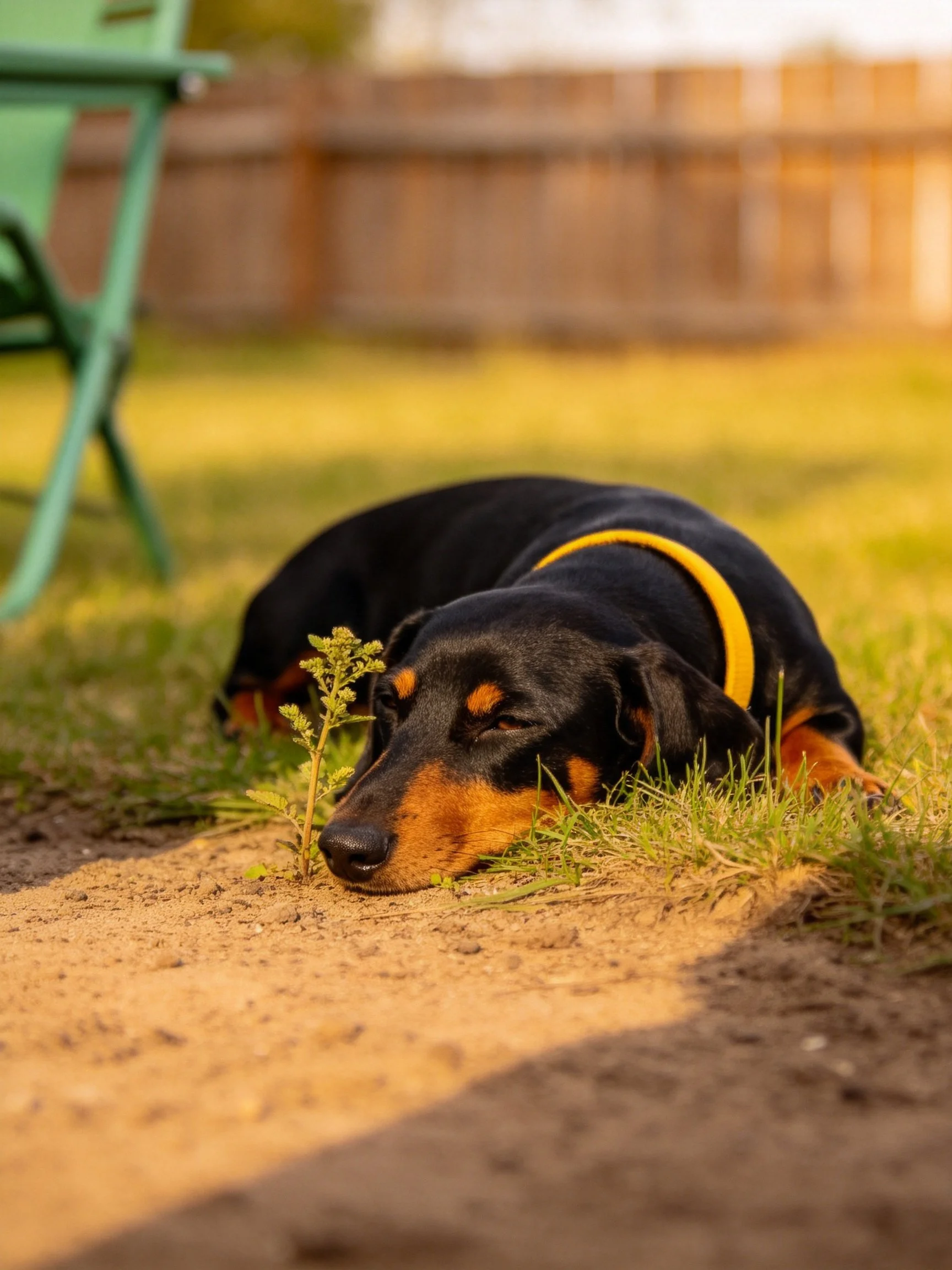 Ablack and tan dog relaxes near a dirt path in a backyard with outdoor furniture and a fence