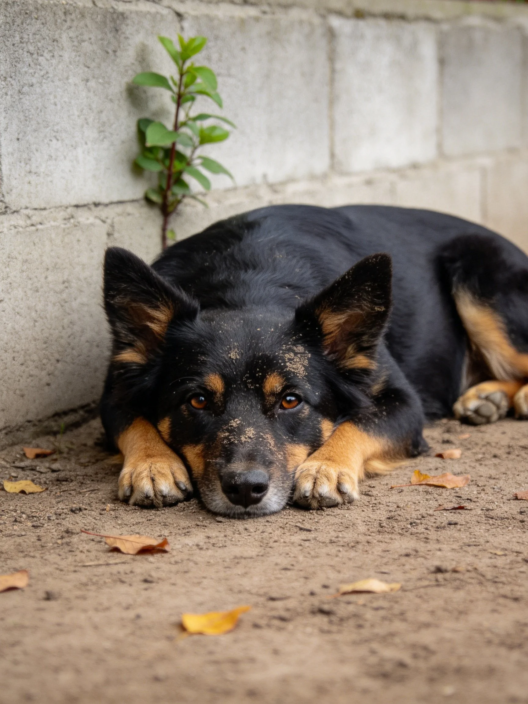 A black and tan dog lies near a concrete wall with fallen autumn leaves.