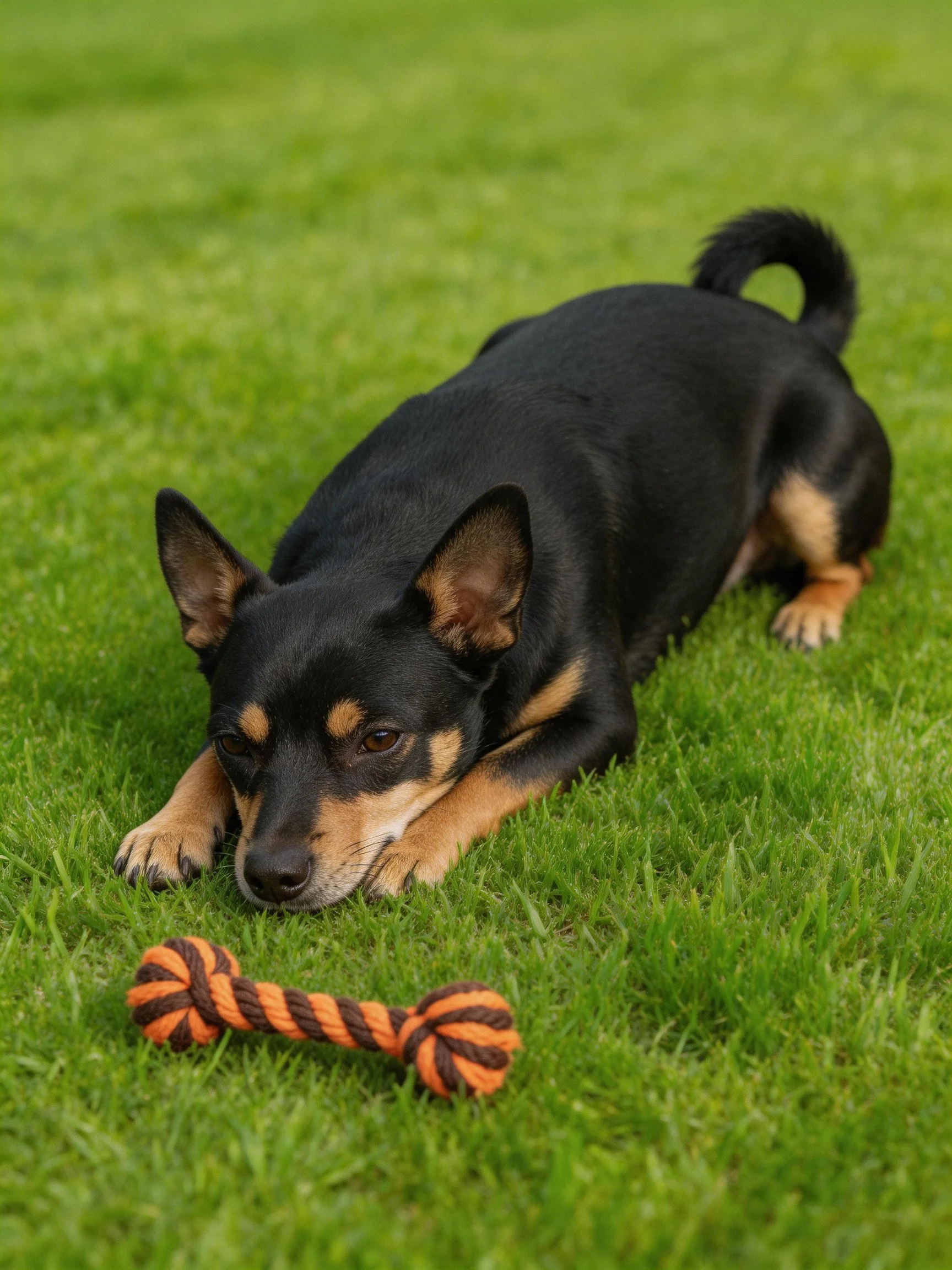 A small black and tan dog lies on green grass beside a striped rope toy.