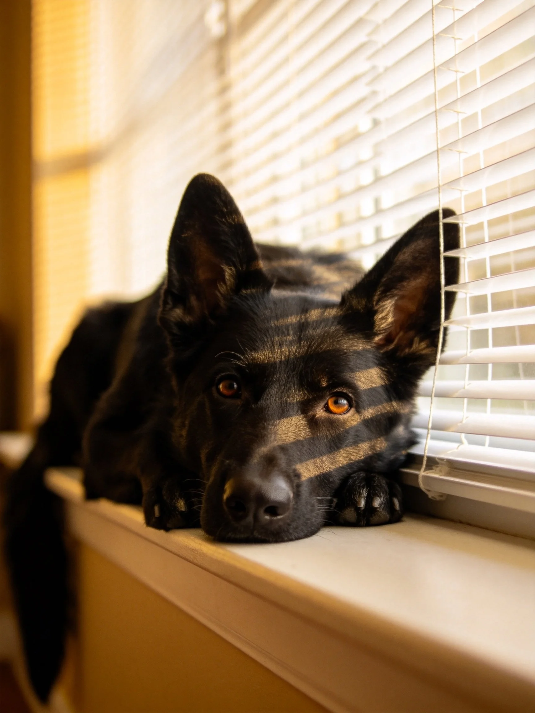 A black and tan dog rests on a windowsill near white blinds