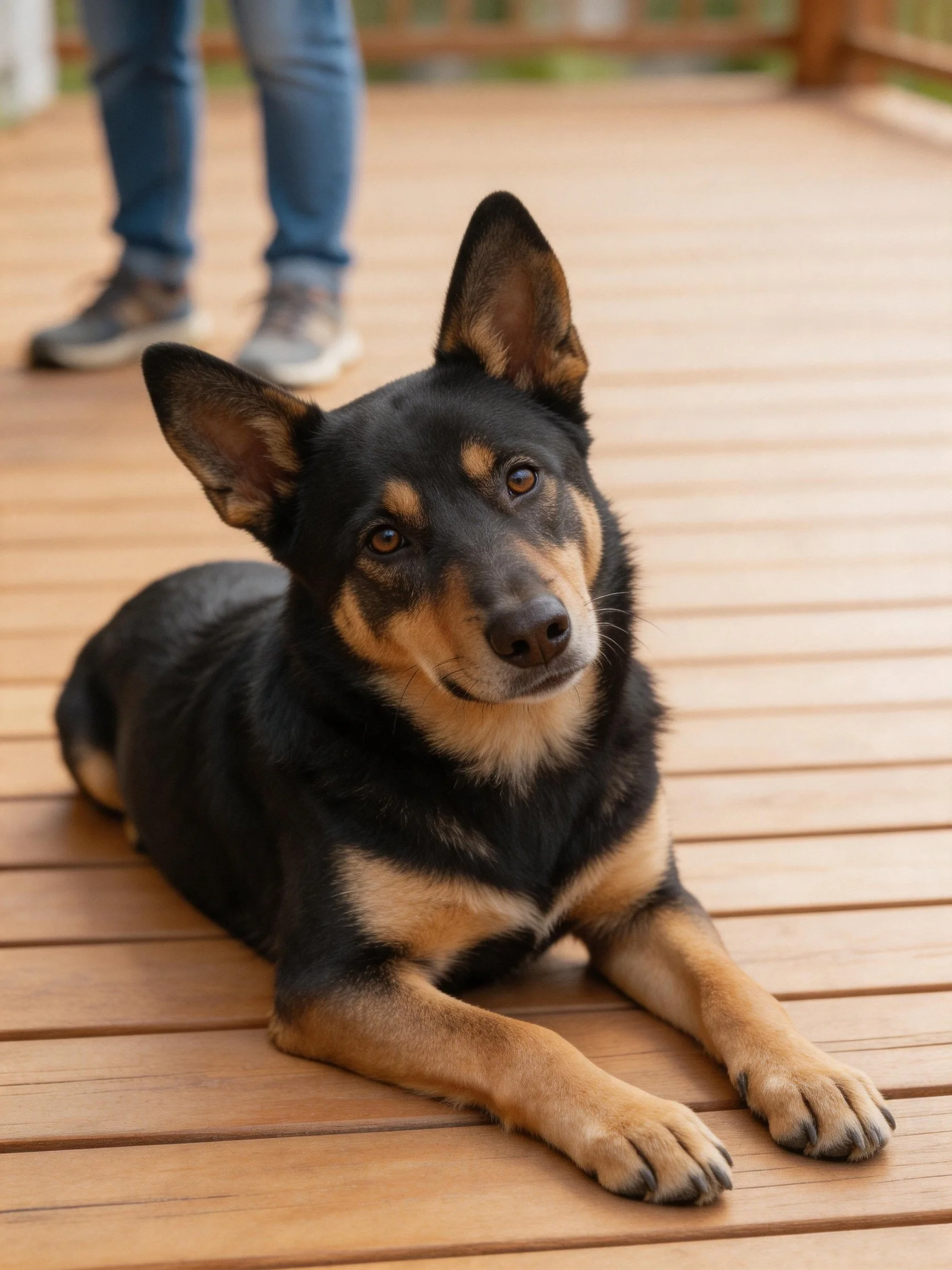 A black and tan dog relaxes on a wooden deck beside someone