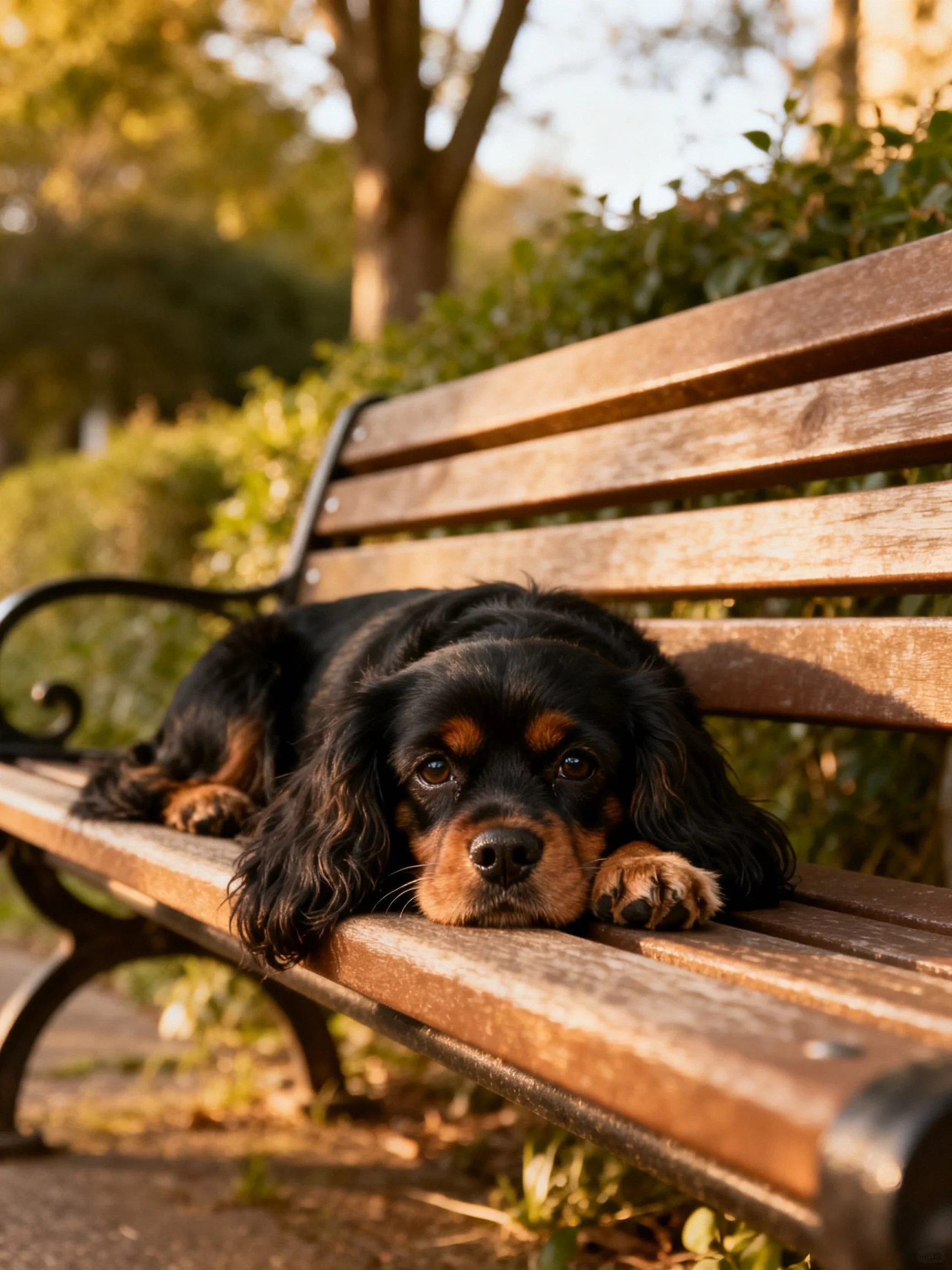 A black and tan dog relaxes on a weathered park bench in soft daylight.