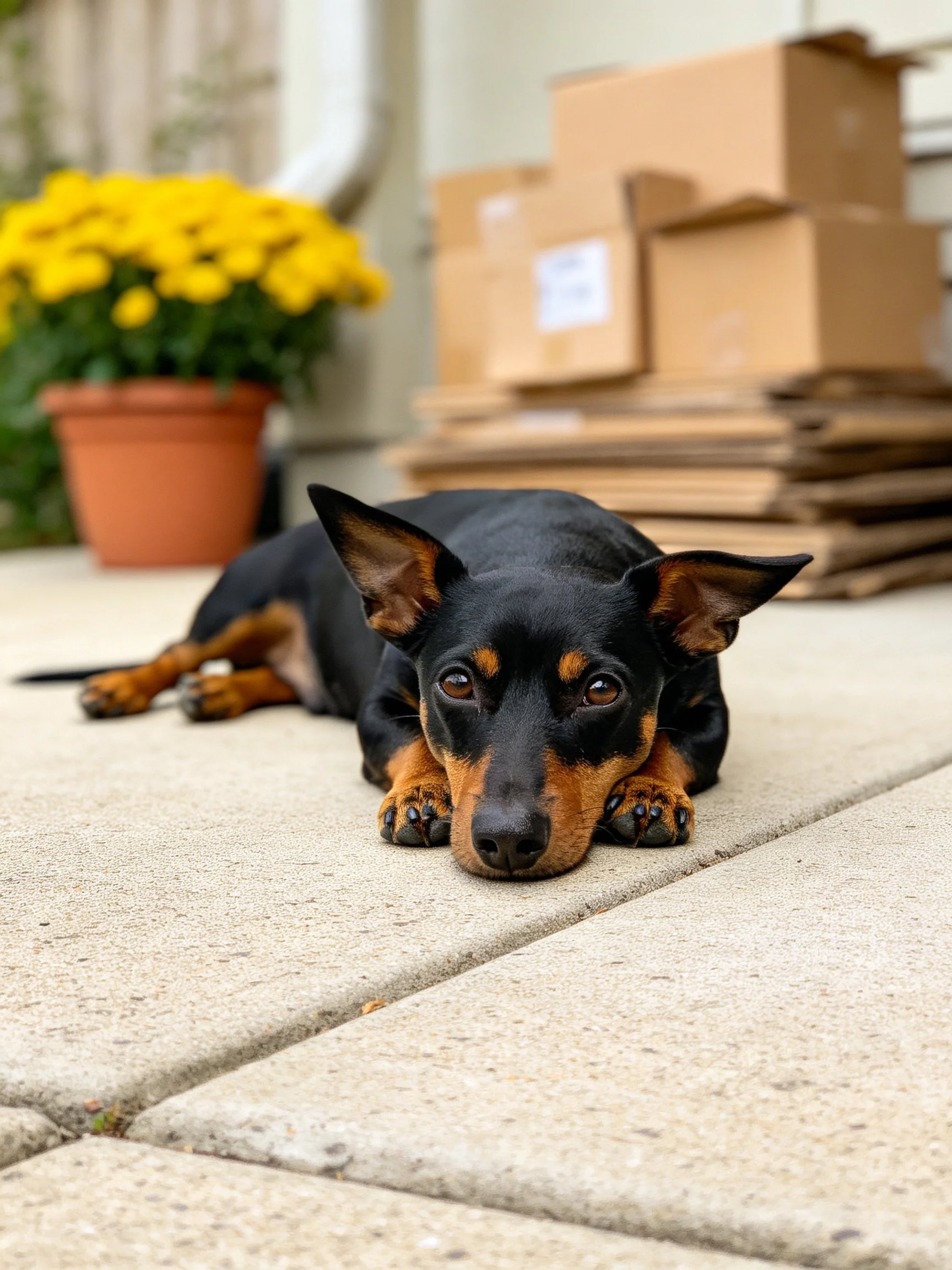 A black and tan dog rests on concrete near stacked boxes and potted yellow flowers.