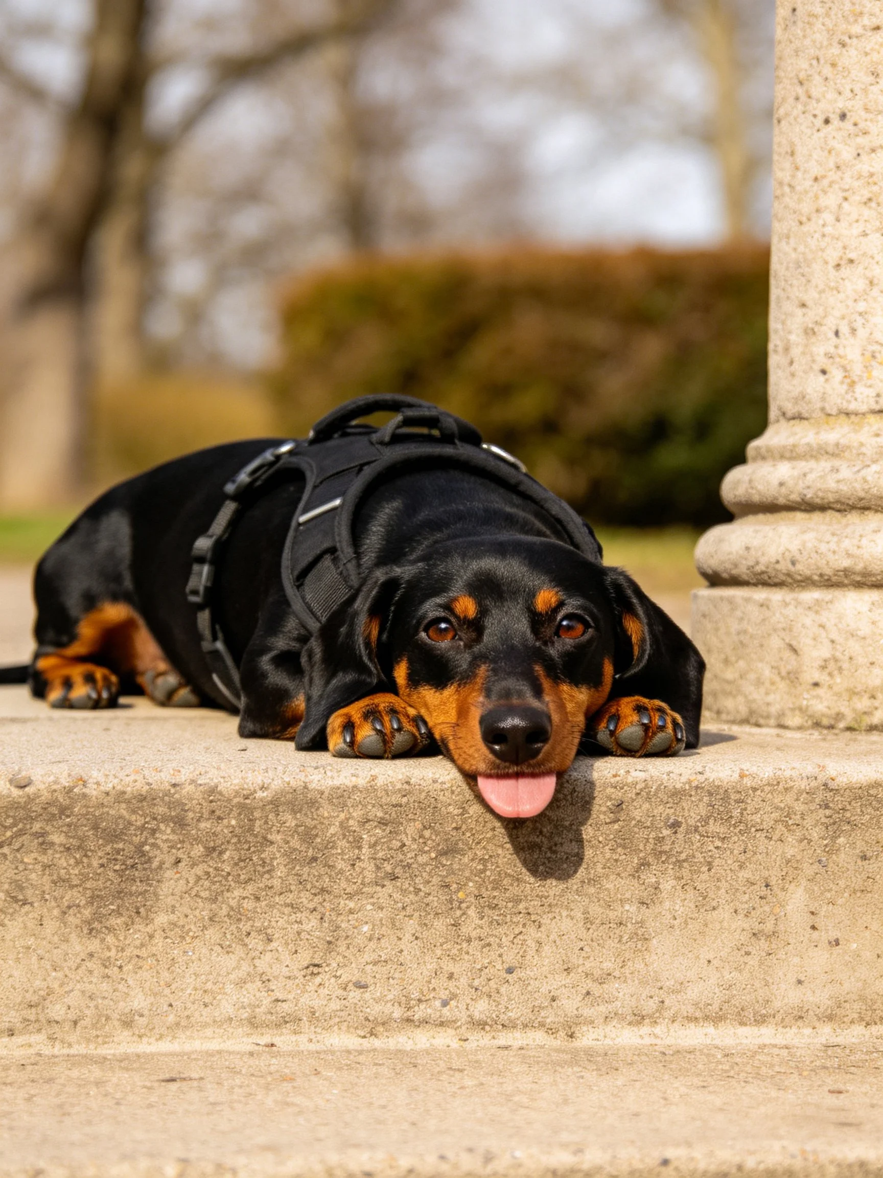 A black and tan dog relaxes on concrete steps next to a stone column.
