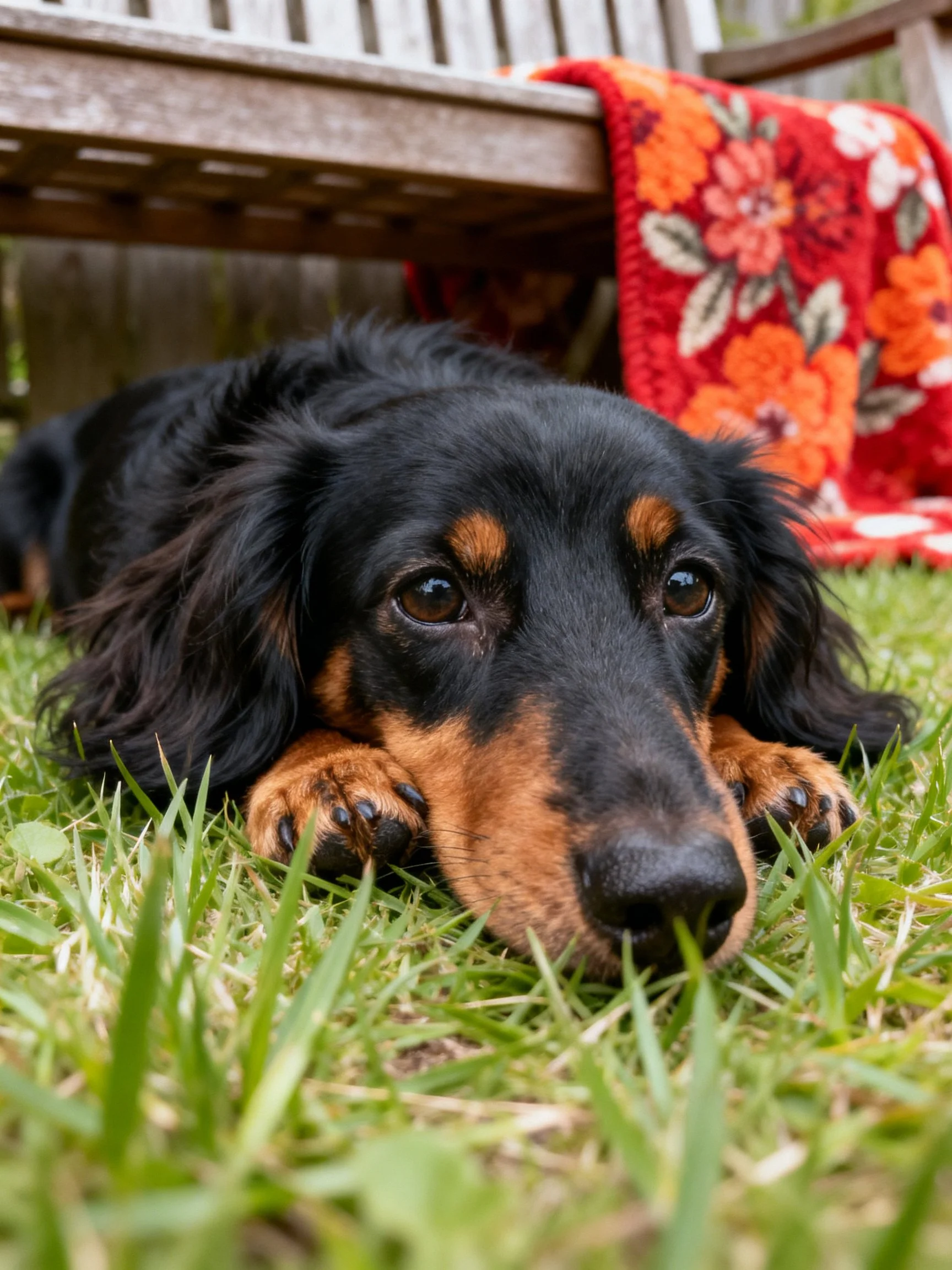 A black and tan dog relaxes near a wooden bench with a red blanket on grass