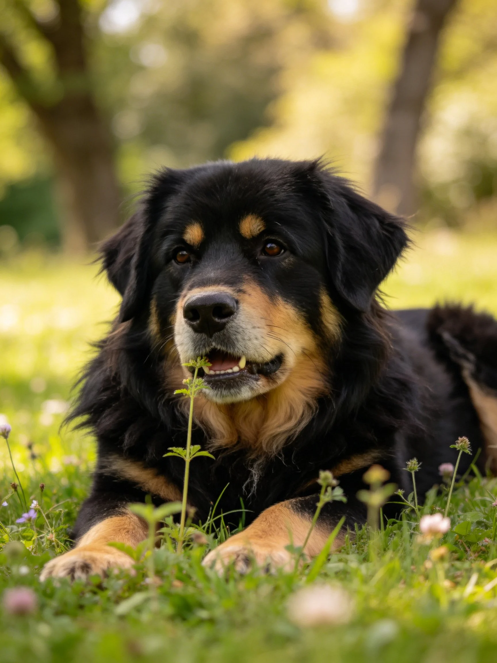 A black and tan dog relaxes in a grassy area with wildflowers