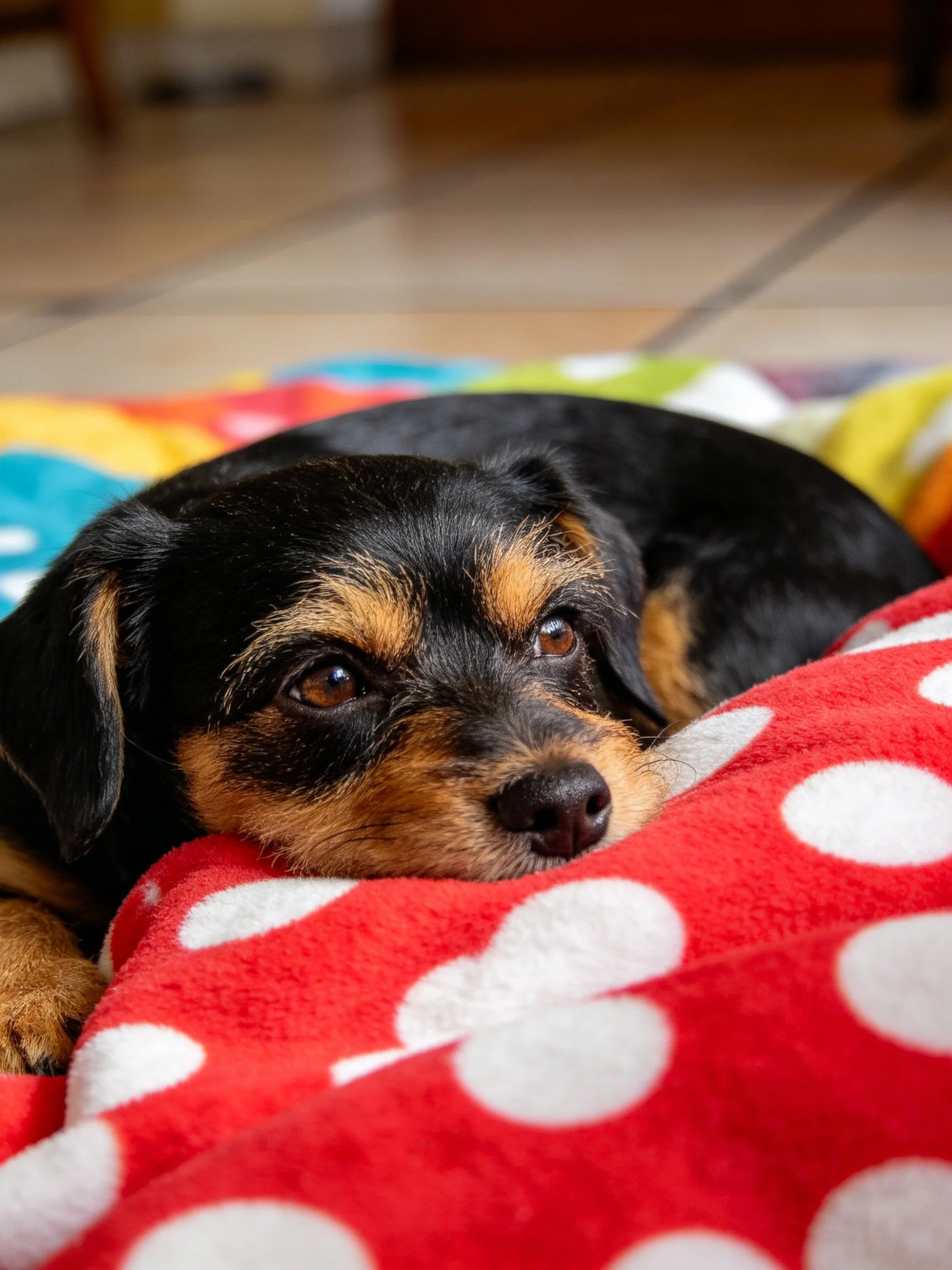A black and tan dog relaxes on cozy blankets indoors.