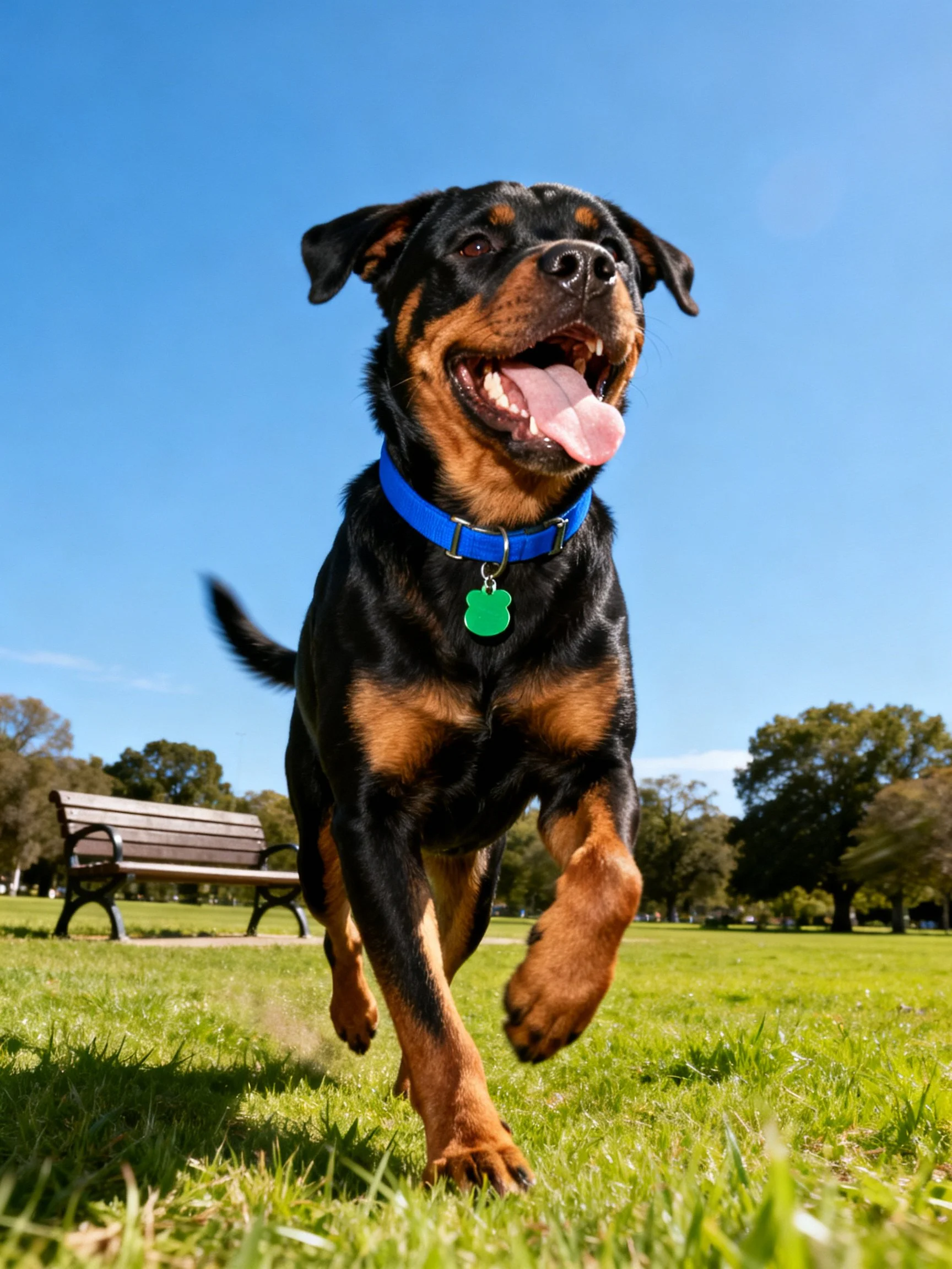 A black and tan dog runs joyfully in a sunny park with a blue collar