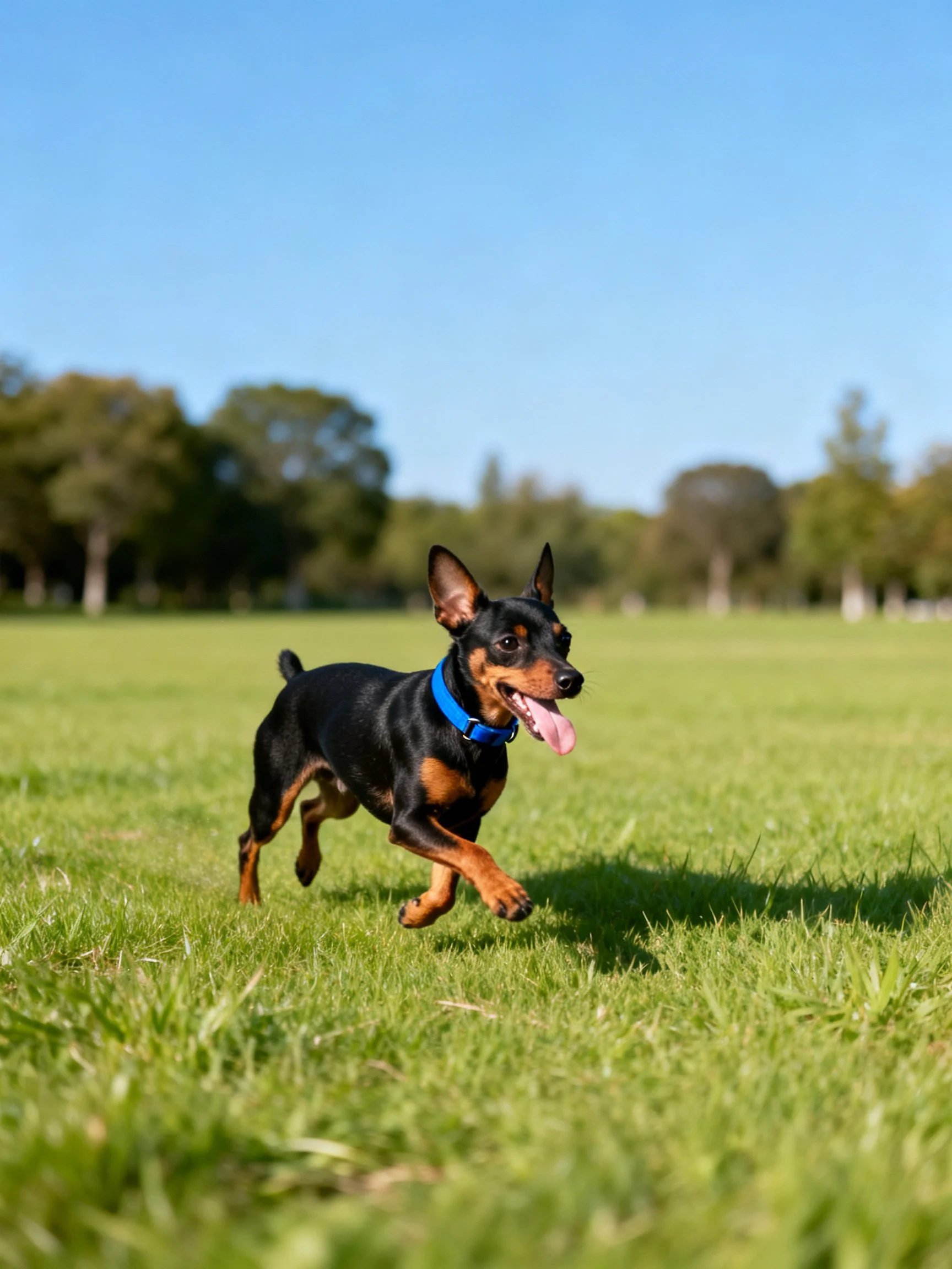 A small black and tan dog runs happily on a sunny grassy field.