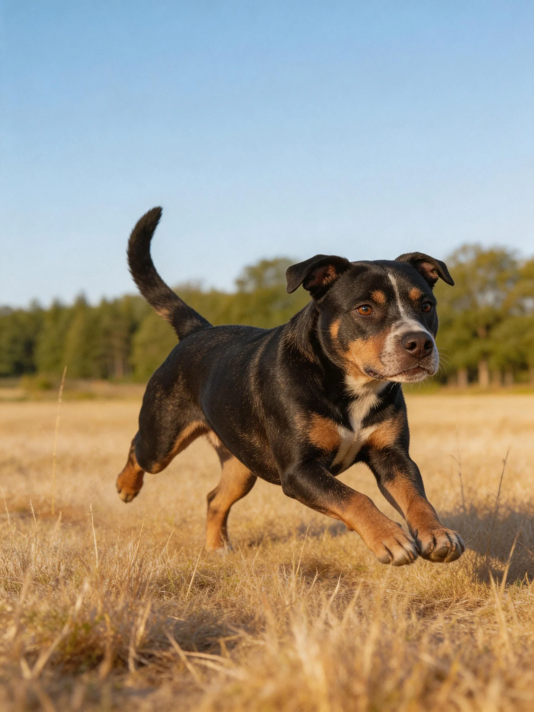 A black and tan dog runs through golden grass near green trees