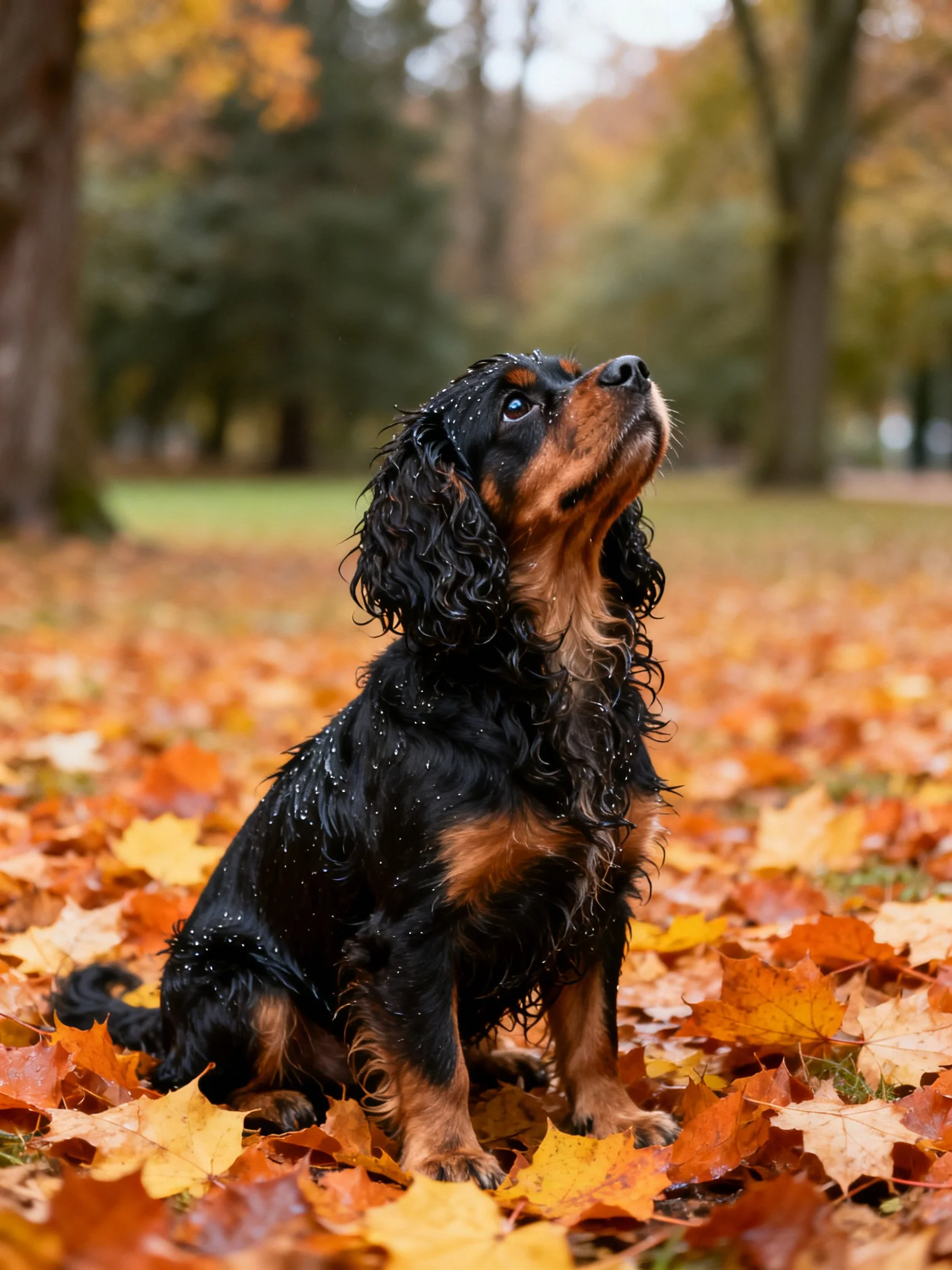 A black and tan dog rests among vibrant fall leaves in a park setting.