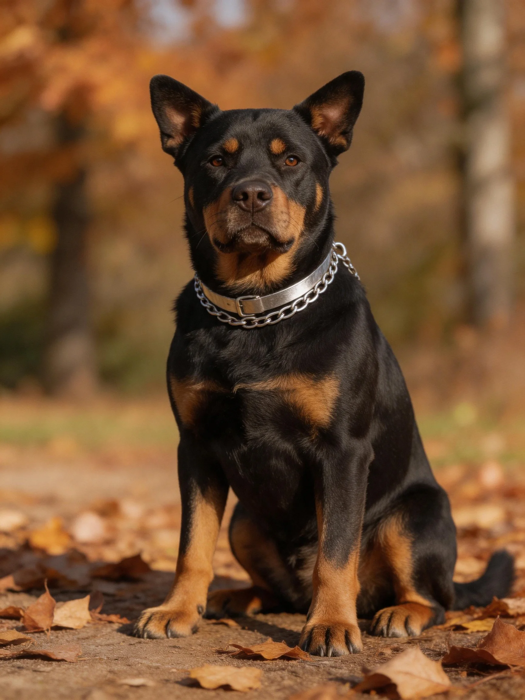 A black and tan dog sits calmly among fallen autumn leaves while wearing a silver chain collar